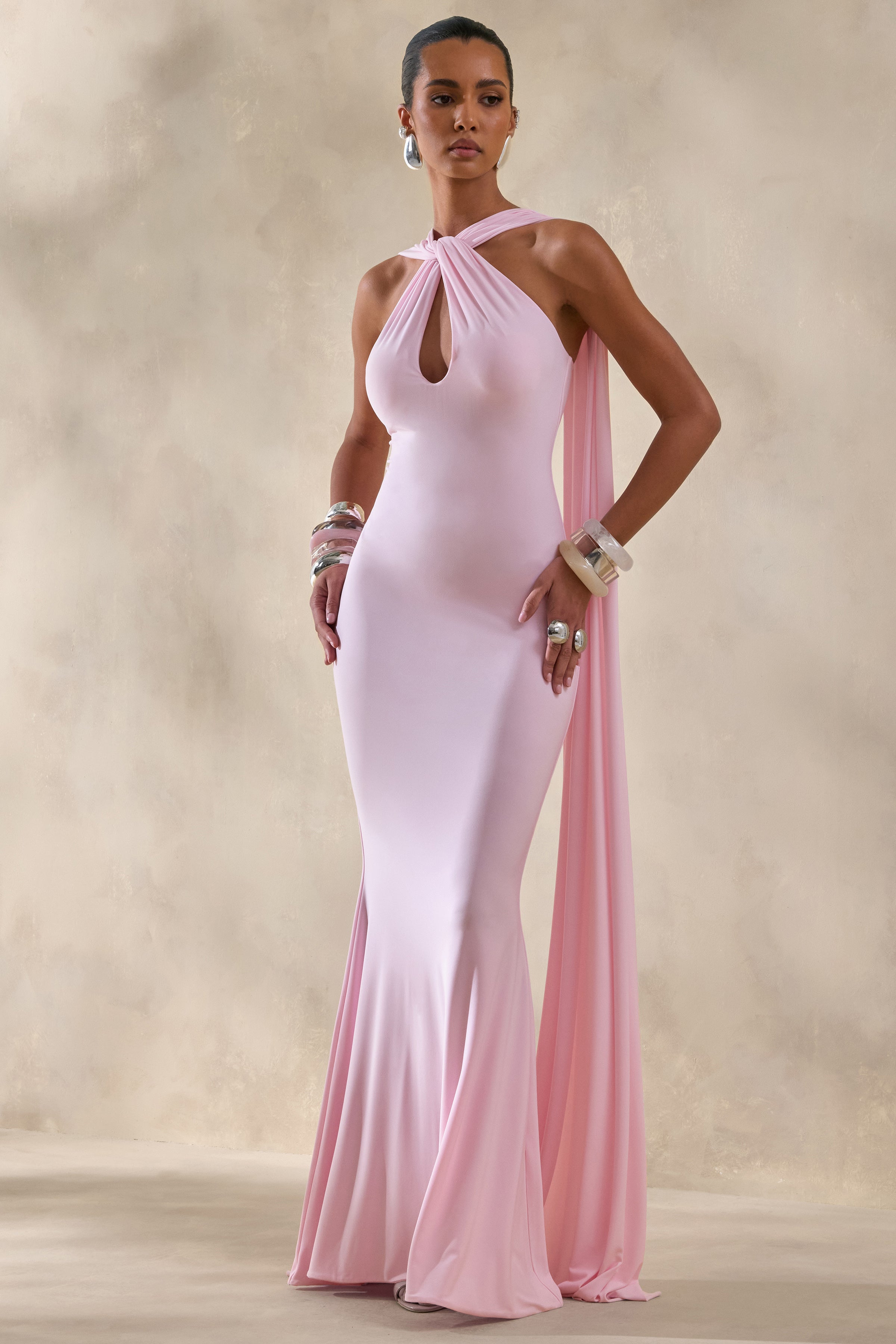 Rhoda | Light Pink Twist Halter-Neck Cape Maxi Dress