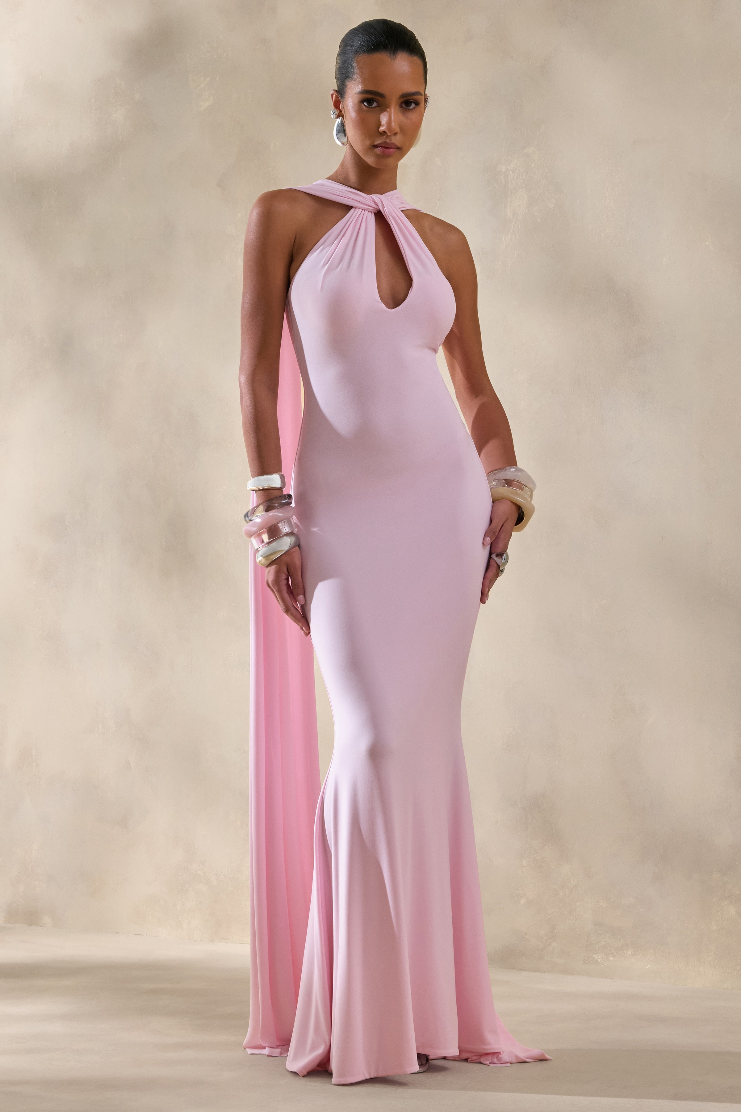 Rhoda | Light Pink Twist Halter-Neck Cape Maxi Dress