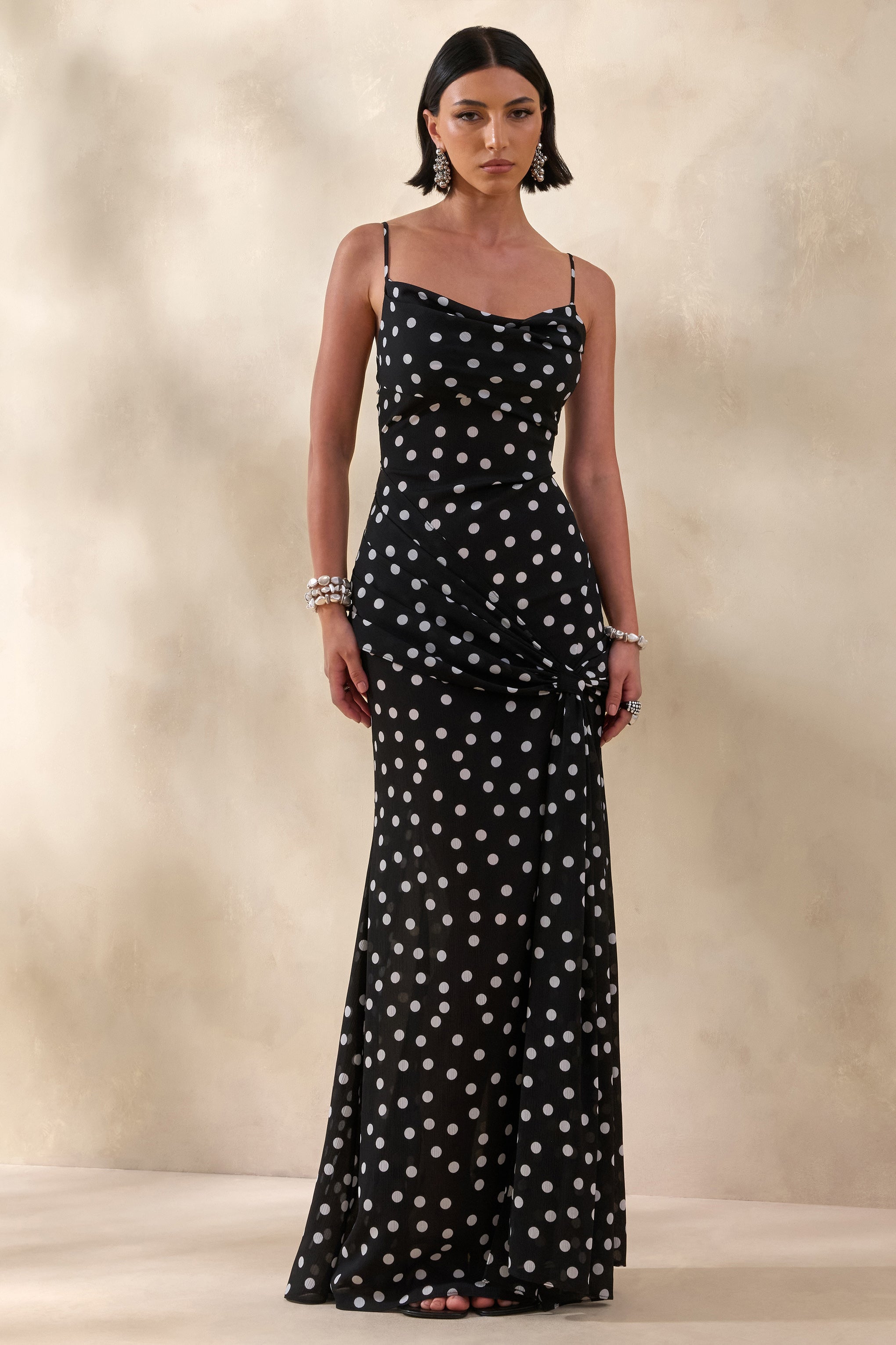 Virtue | Black & White Polka Dot Cowl-Neck Fishtail Maxi Dress With Split
