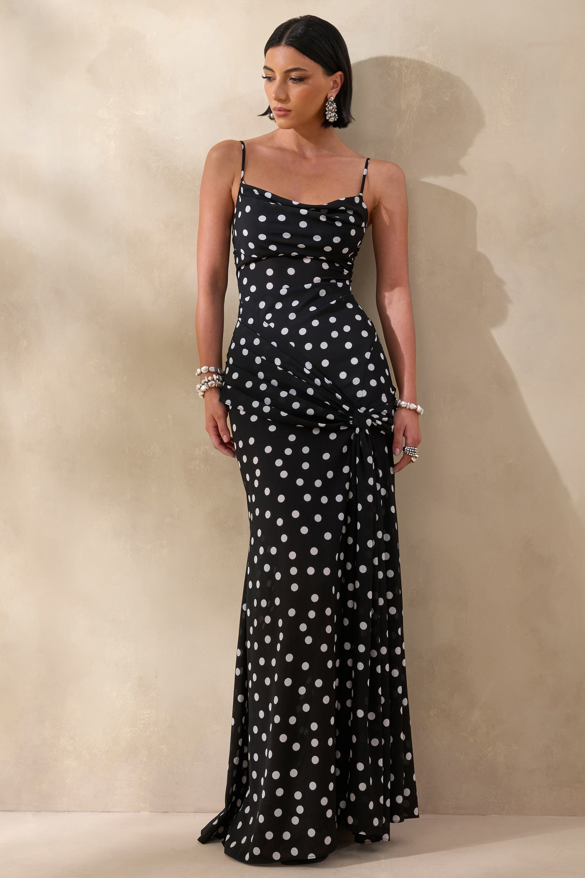 Virtue | Black & White Polka Dot Cowl-Neck Fishtail Maxi Dress With Split