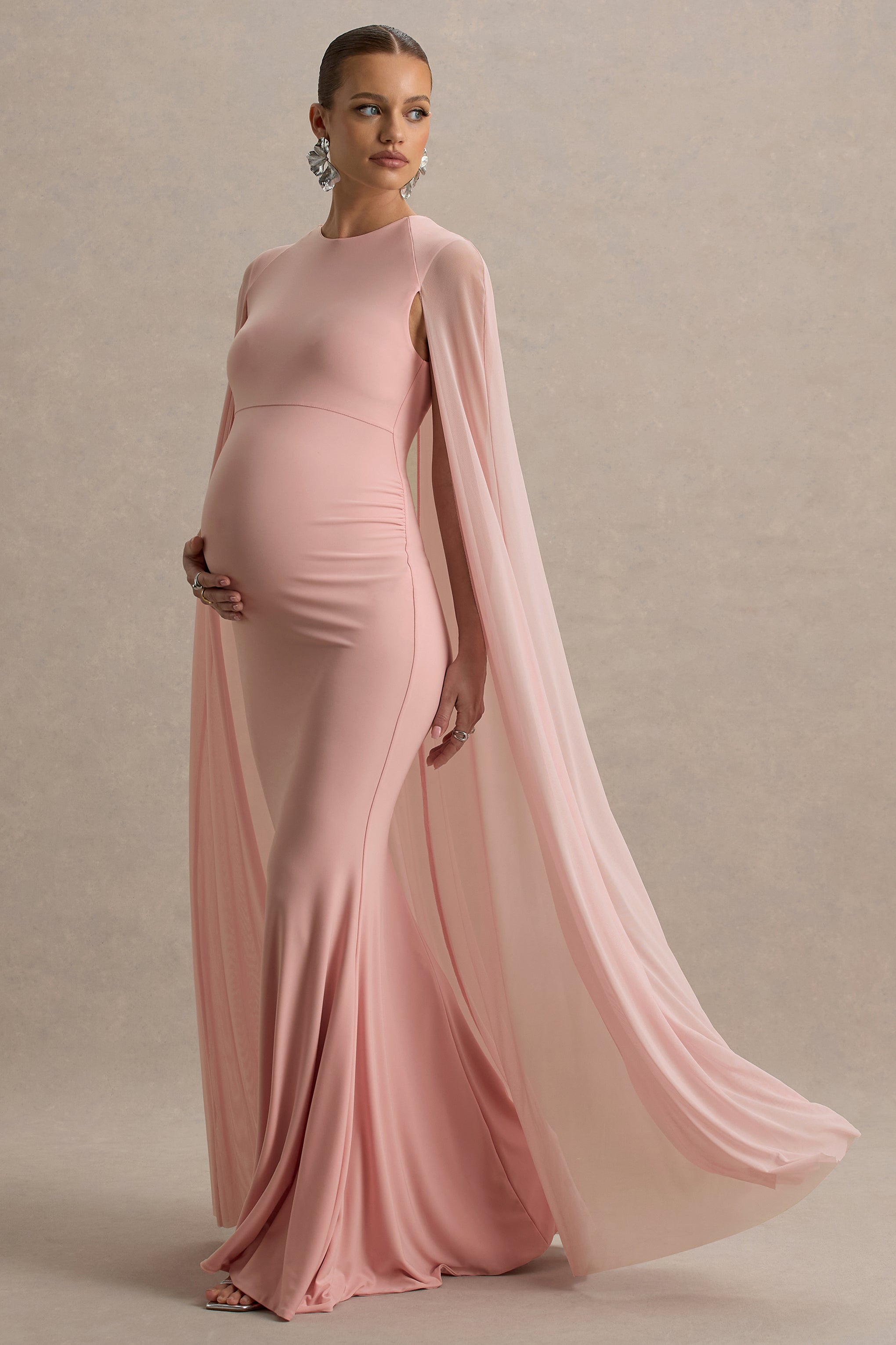 Currant | Pink Crew-Neck Maternity Maxi Dress With Cape