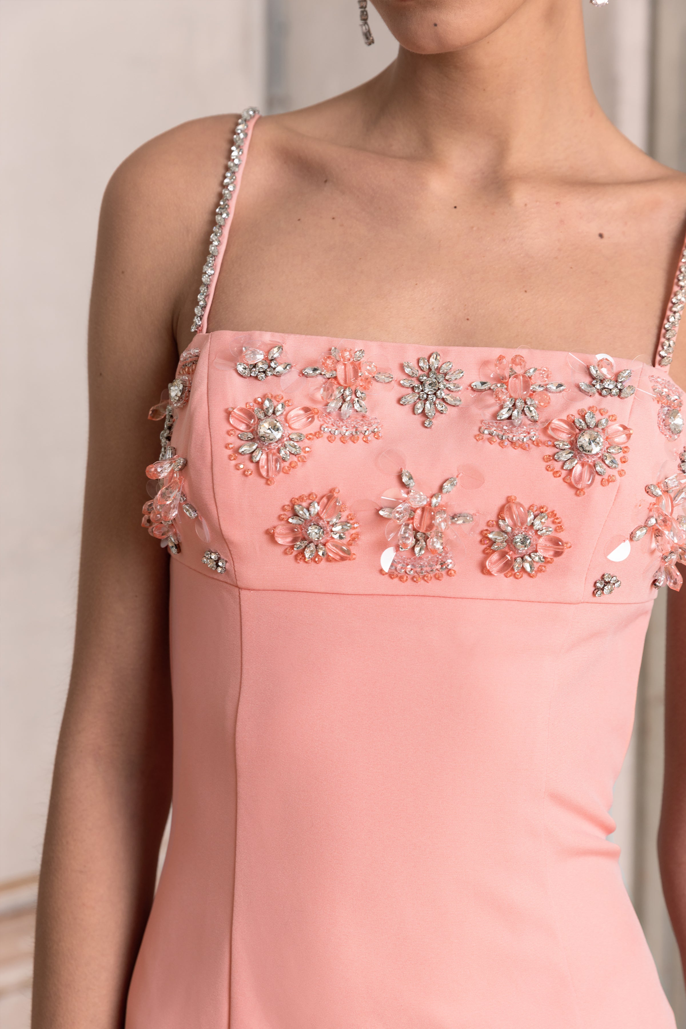 One To Remember | Coral Square-Neck Embellished Midi Dress