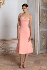 One To Remember | Coral Square-Neck Embellished Midi Dress