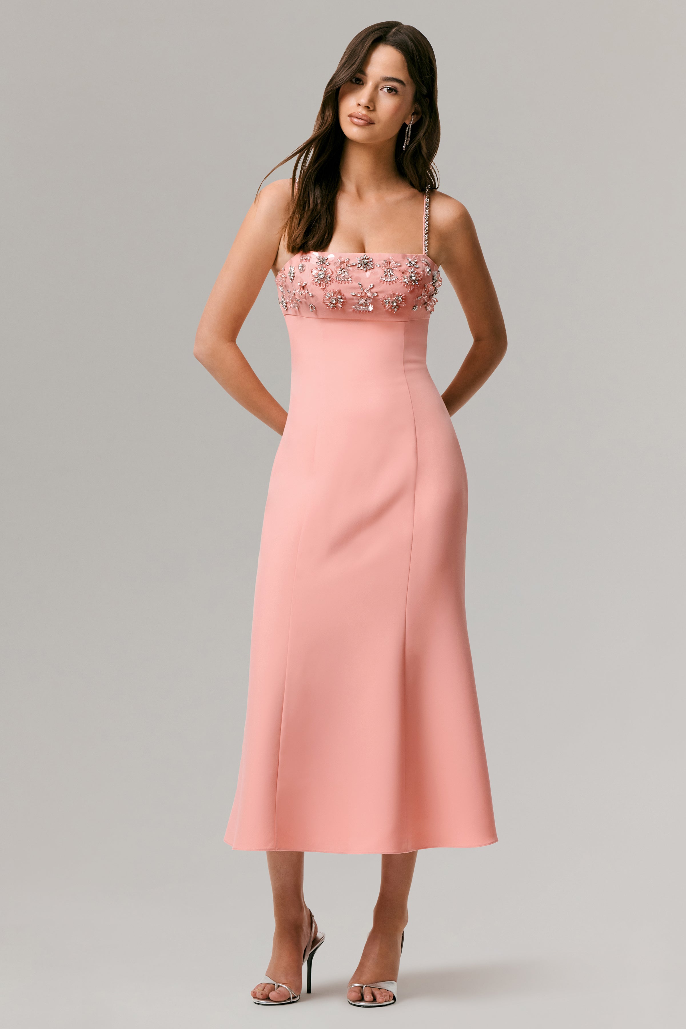 One To Remember | Coral Square-Neck Embellished Midi Dress