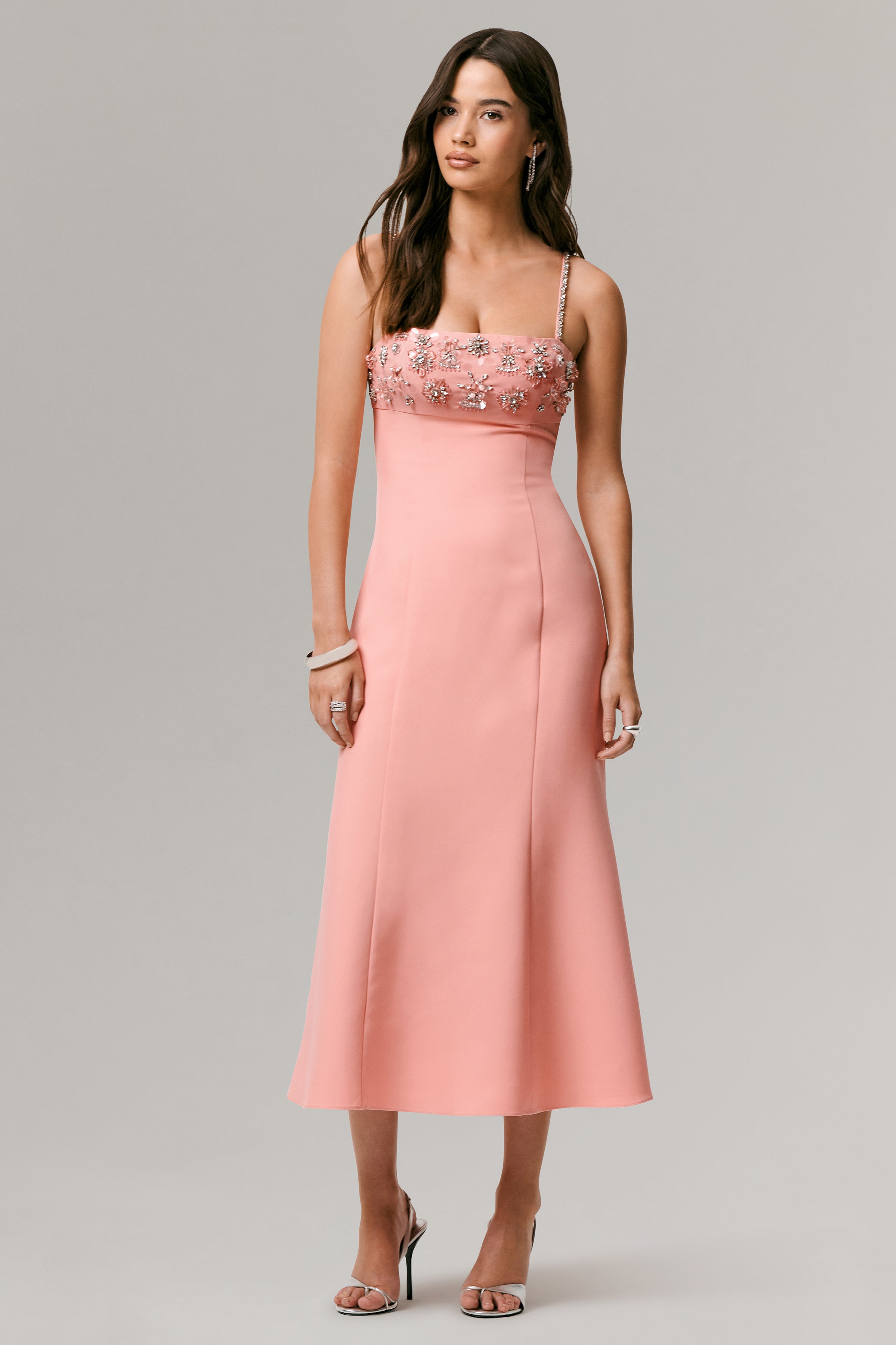 One To Remember | Coral Square-Neck Embellished Midi Dress