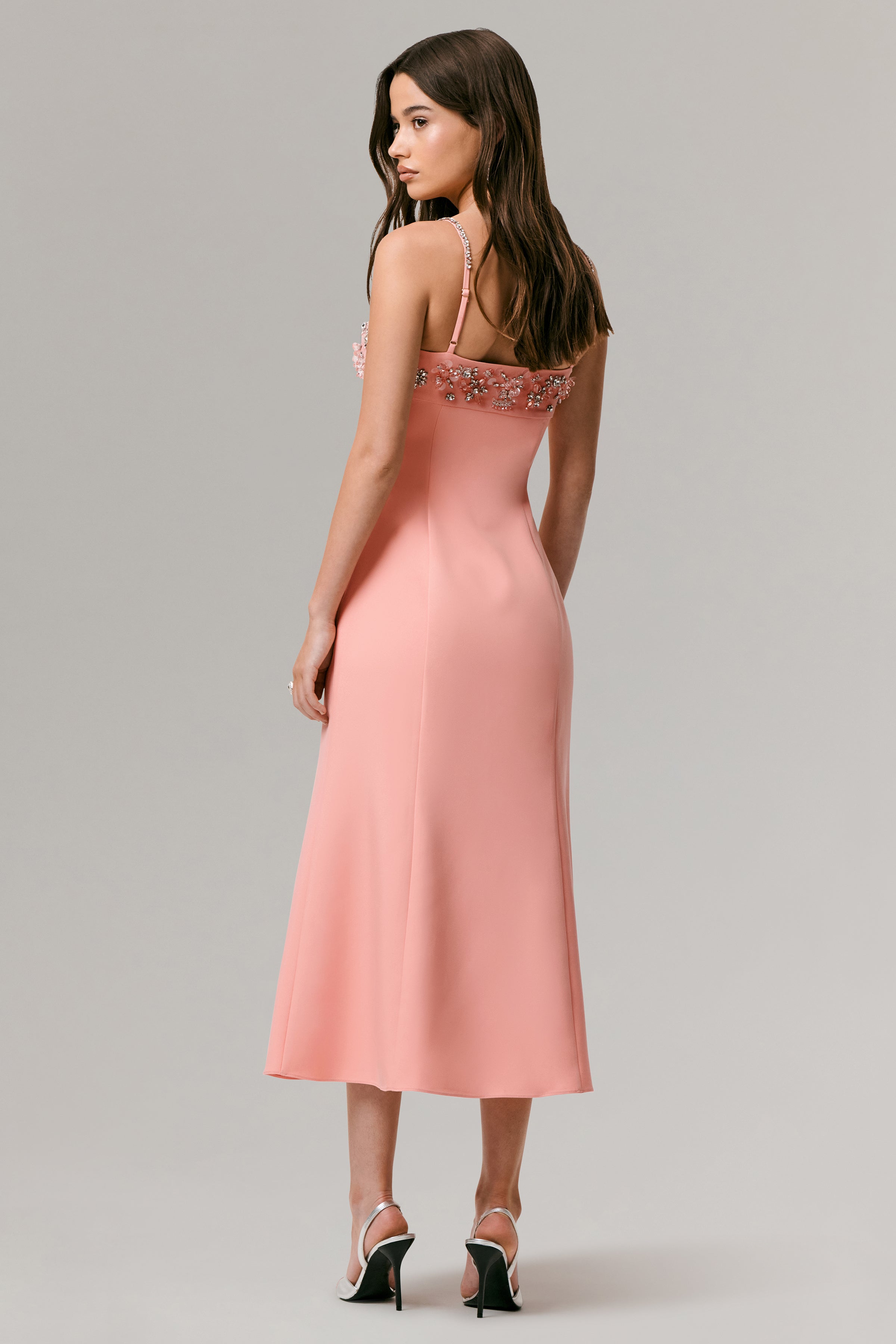 One To Remember | Coral Square-Neck Embellished Midi Dress