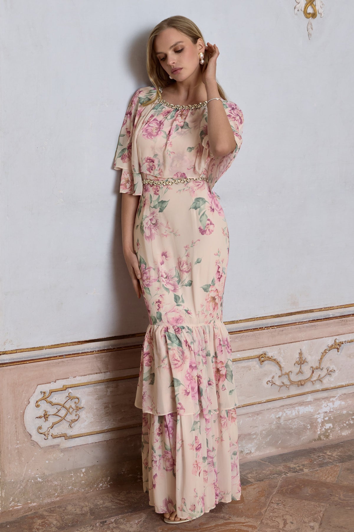 Never Let Go | Pink Floral Print Chiffon Maxi Dress With Tiered Hem