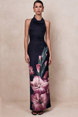 Palatial | Pink Border Print Halter-Neck Cowl Maxi Dress