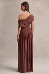 Emberly | Brown Draped Asymmetric-Neck Maxi Dress With Drop-Waist