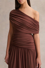 Emberly | Brown Draped Asymmetric-Neck Maxi Dress With Drop-Waist