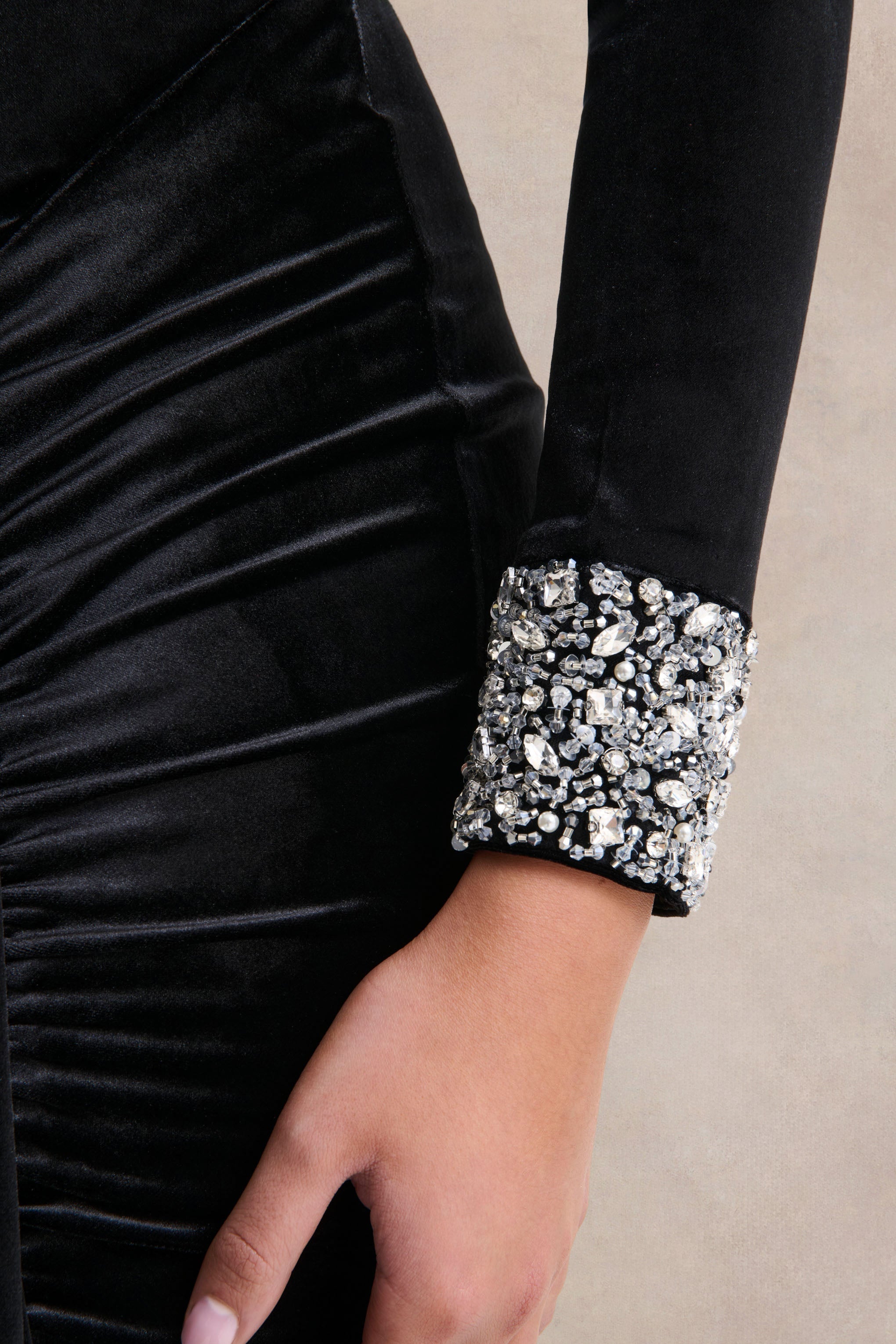 Perrin | Black Velvet Crew-Neck Maxi Dress With Embellished Cuffs