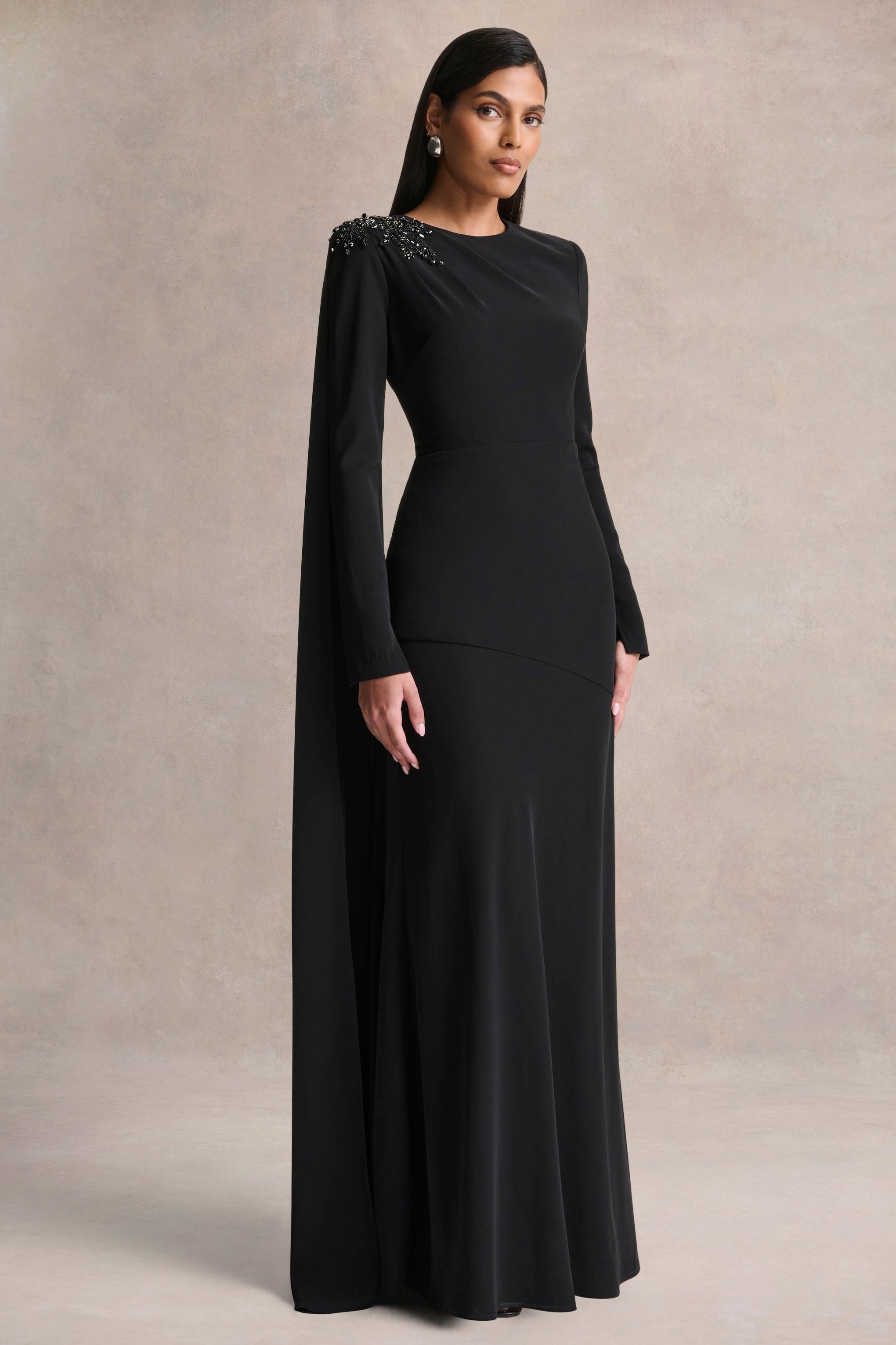 Reese | Black High-Neck Maxi Dress With Embellished Detail and Sash