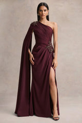 Solace | Dark Plum Asymmetric-Neck Maxi Dress With Front-High Split