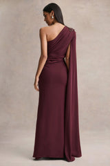 Solace | Dark Plum Asymmetric-Neck Maxi Dress With Front-High Split