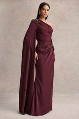 Solace | Dark Plum Asymmetric-Neck Maxi Dress With Front-High Split