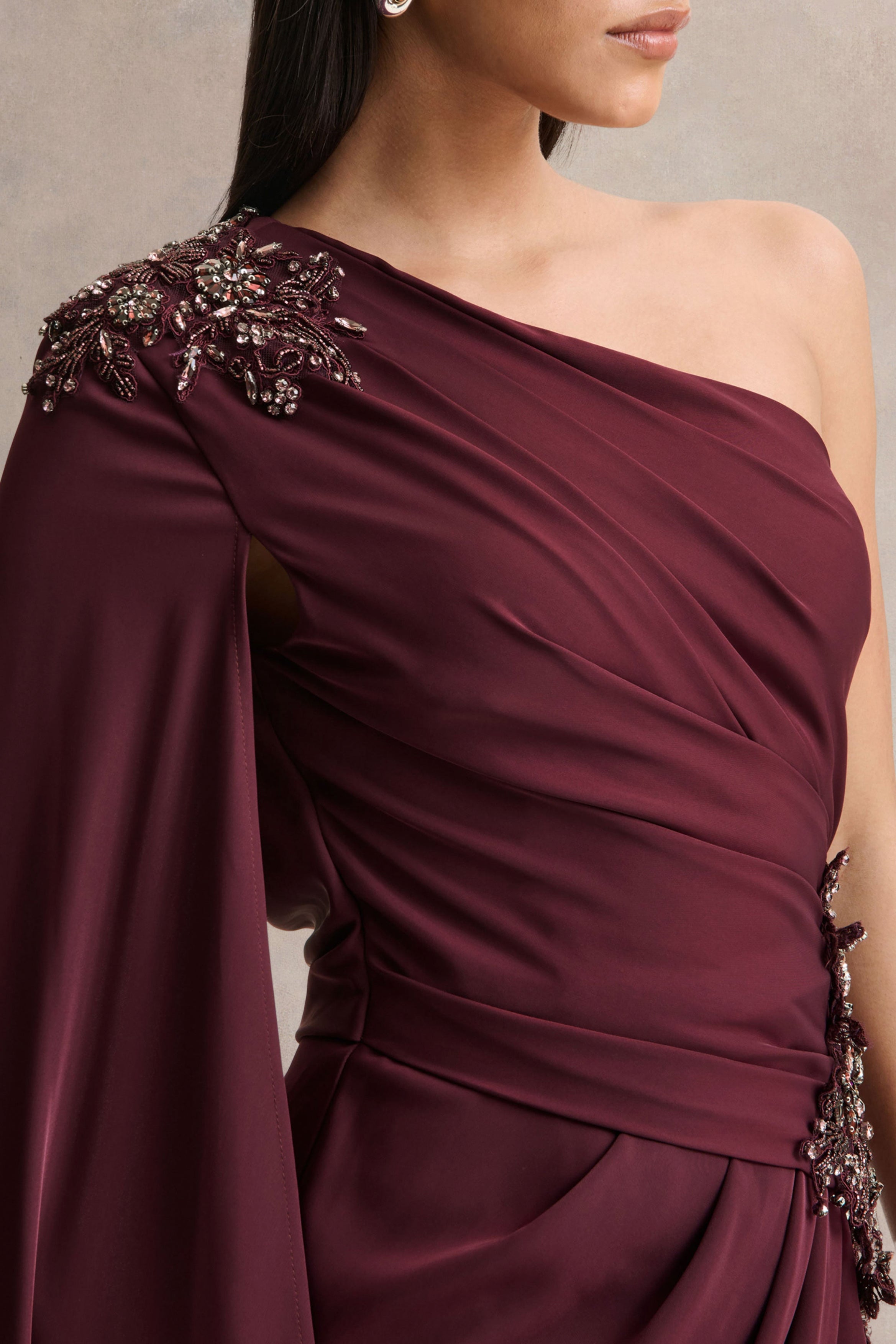 Solace | Dark Plum Asymmetric-Neck Maxi Dress With Front-High Split