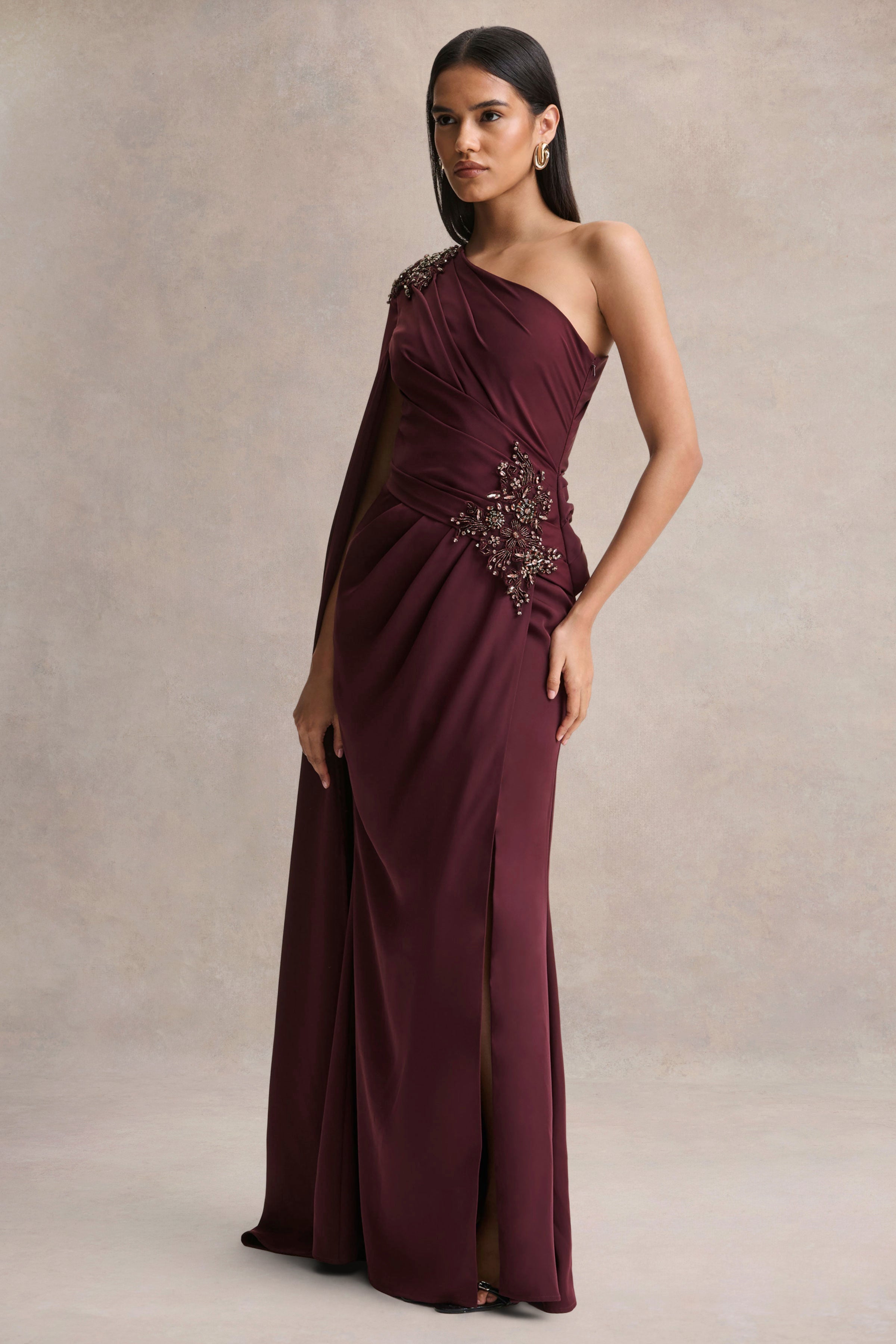 Solace | Dark Plum Asymmetric-Neck Maxi Dress With Front-High Split
