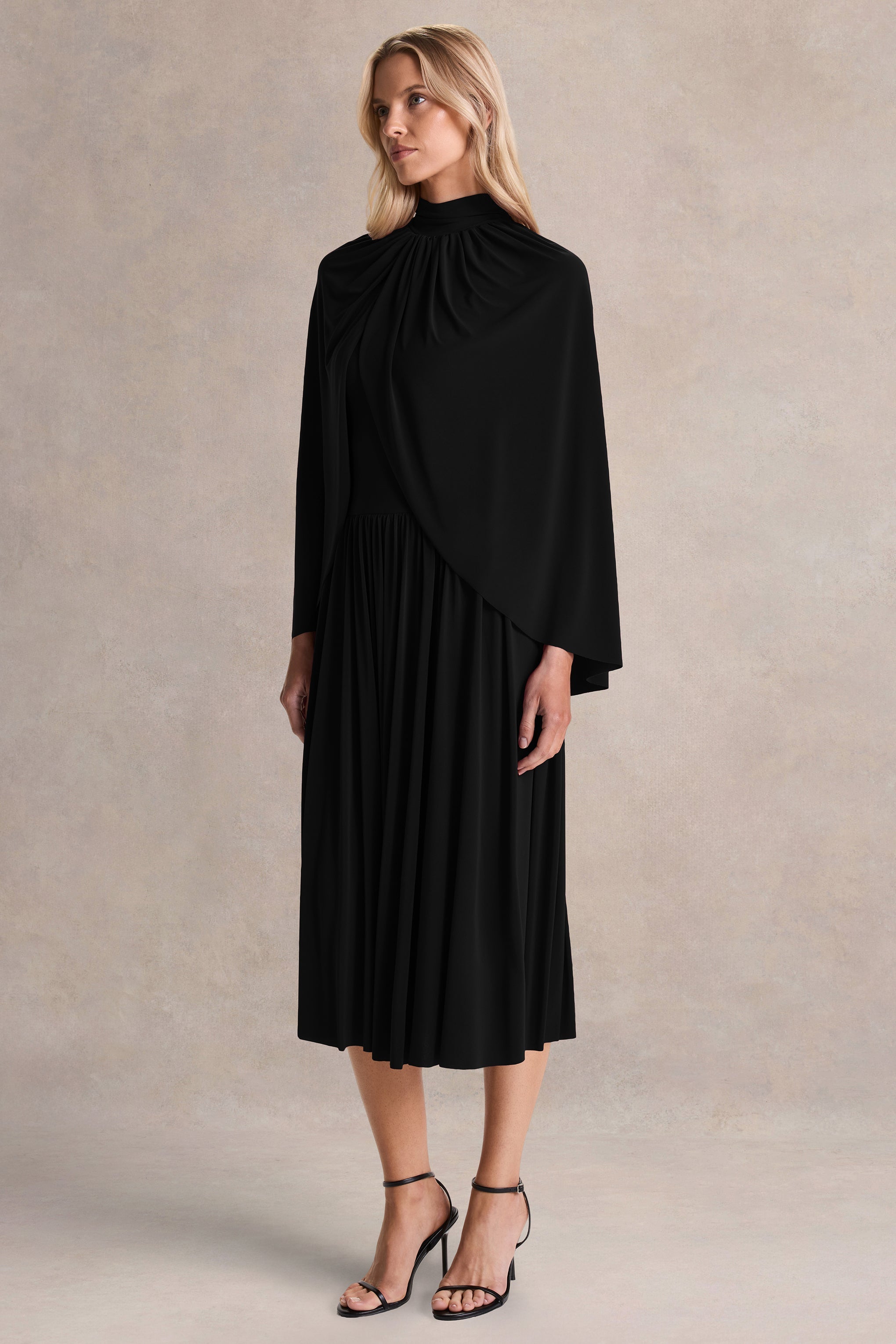 Honora | Black High-Neck Maxi Dress With Cape-Sleeves