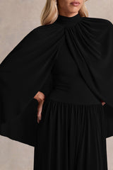 Honora | Black High-Neck Maxi Dress With Cape-Sleeves