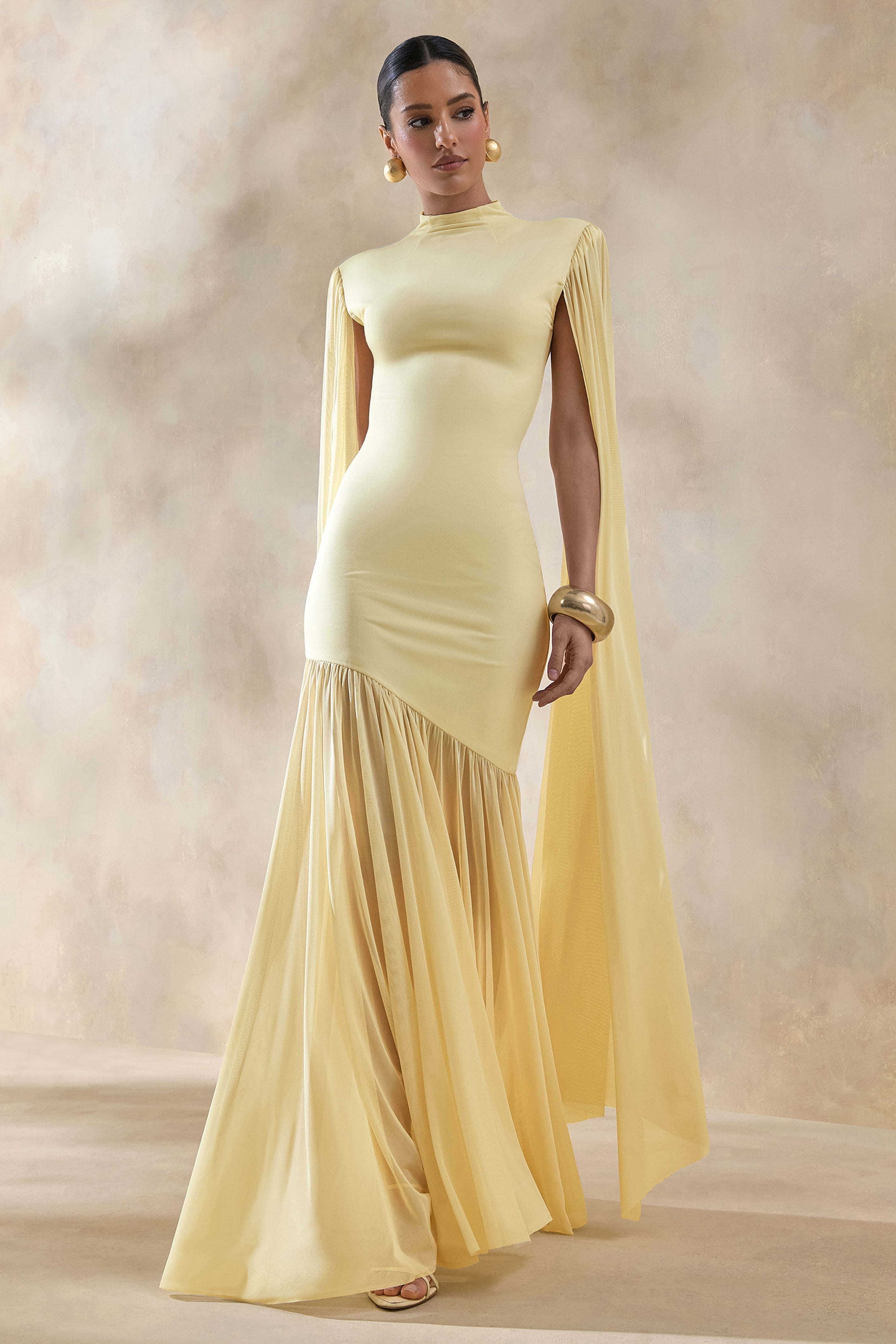 Chantelle | Lemon High-Neck Maxi Dress With Drop-Waist And Cape-Sleeves