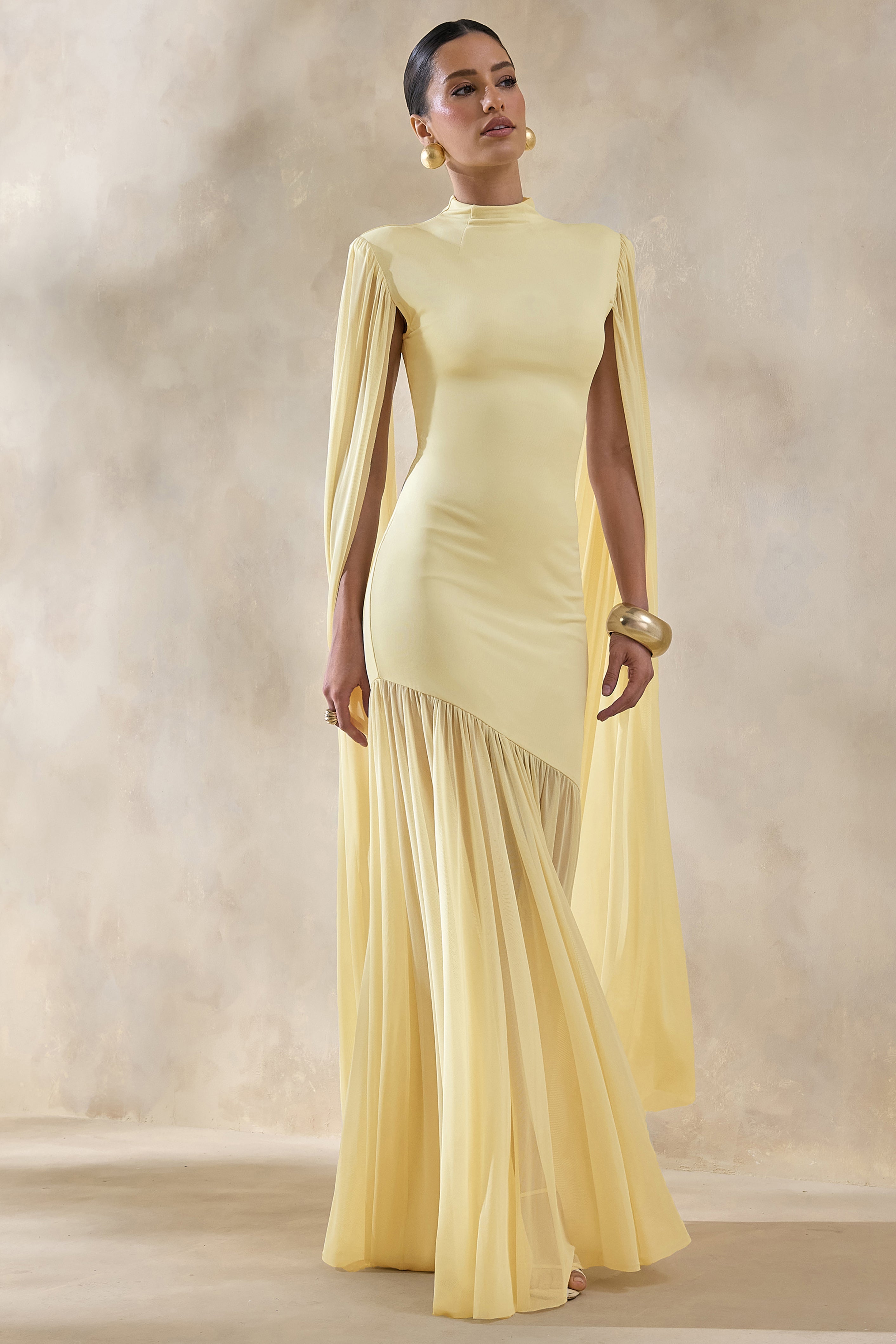 Chantelle | Lemon High-Neck Maxi Dress With Drop-Waist And Cape-Sleeves