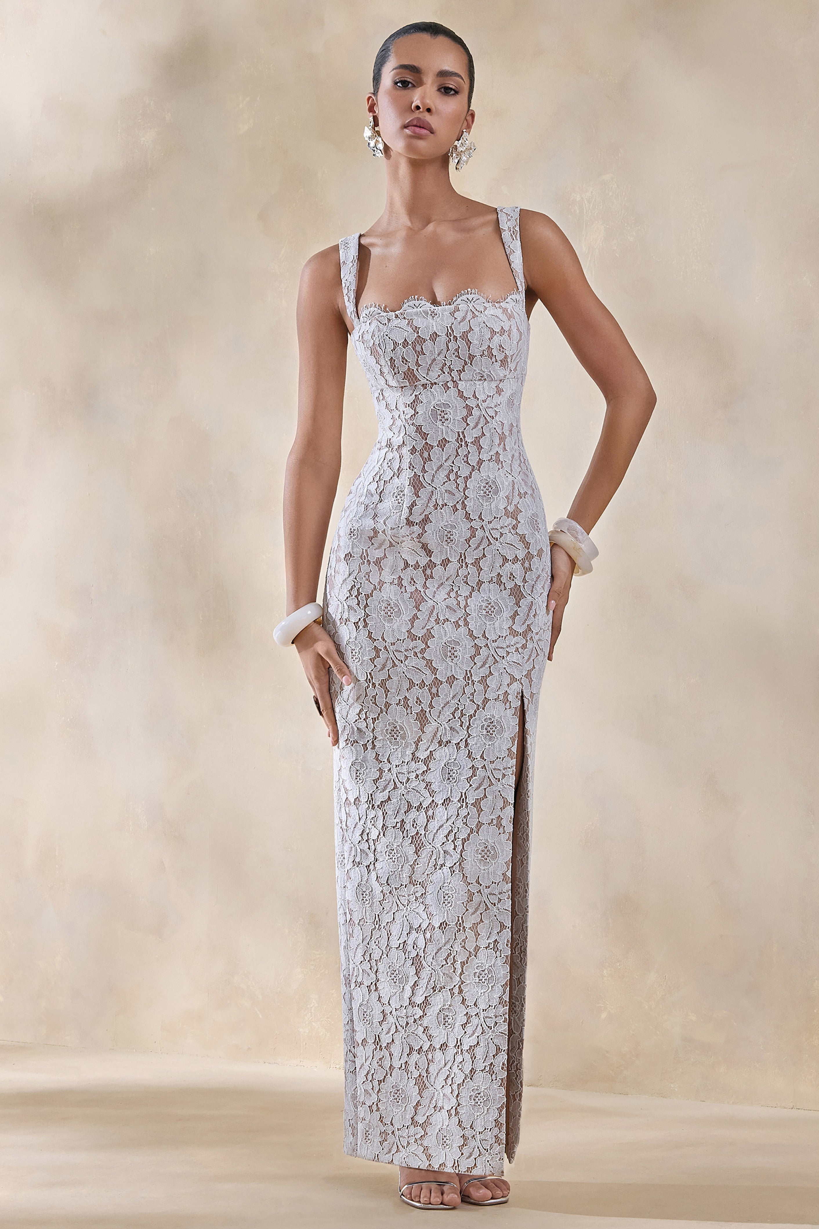 Zarisse | White Lace Square-Neck Maxi Dress