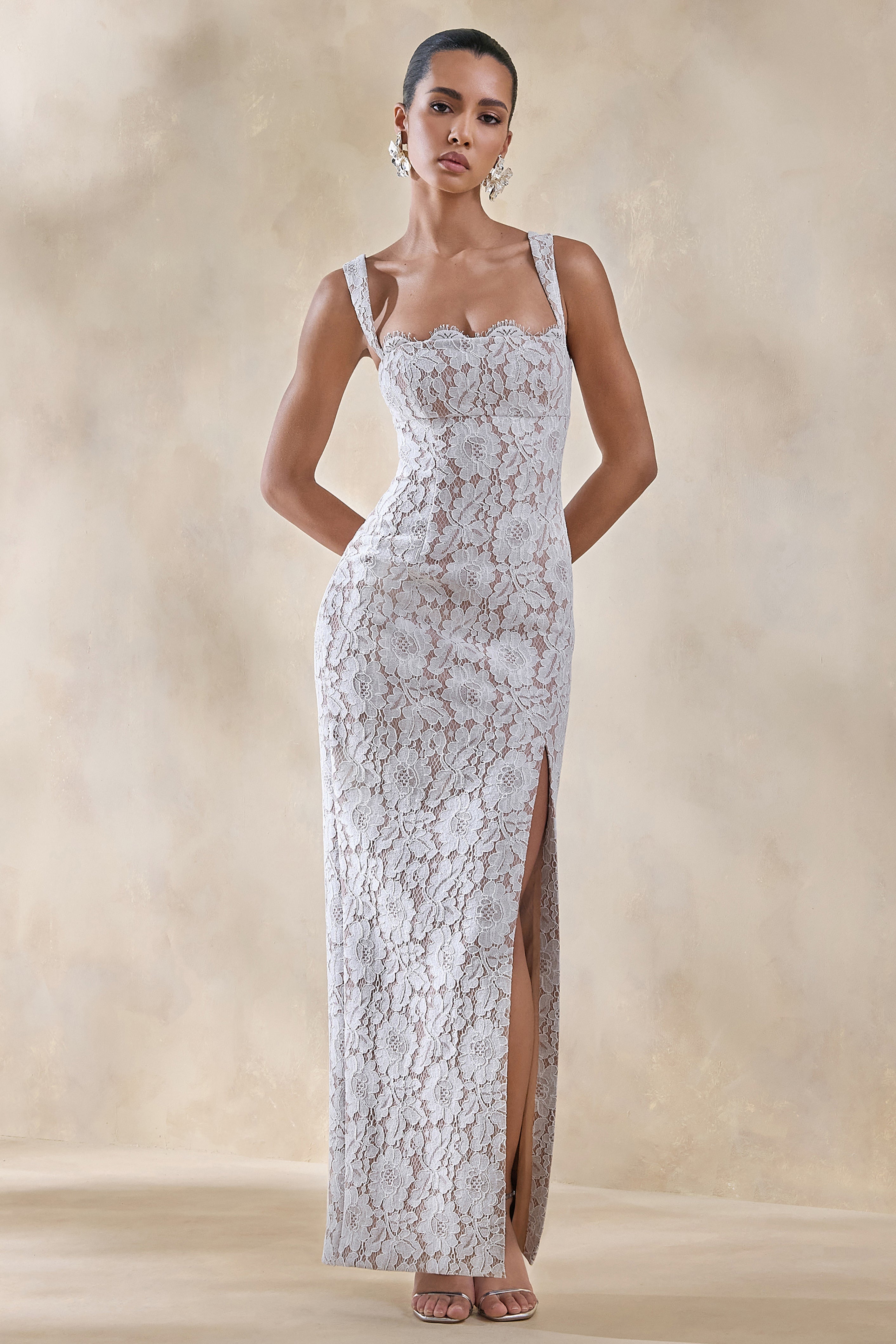 Zarisse | White Lace Square-Neck Maxi Dress
