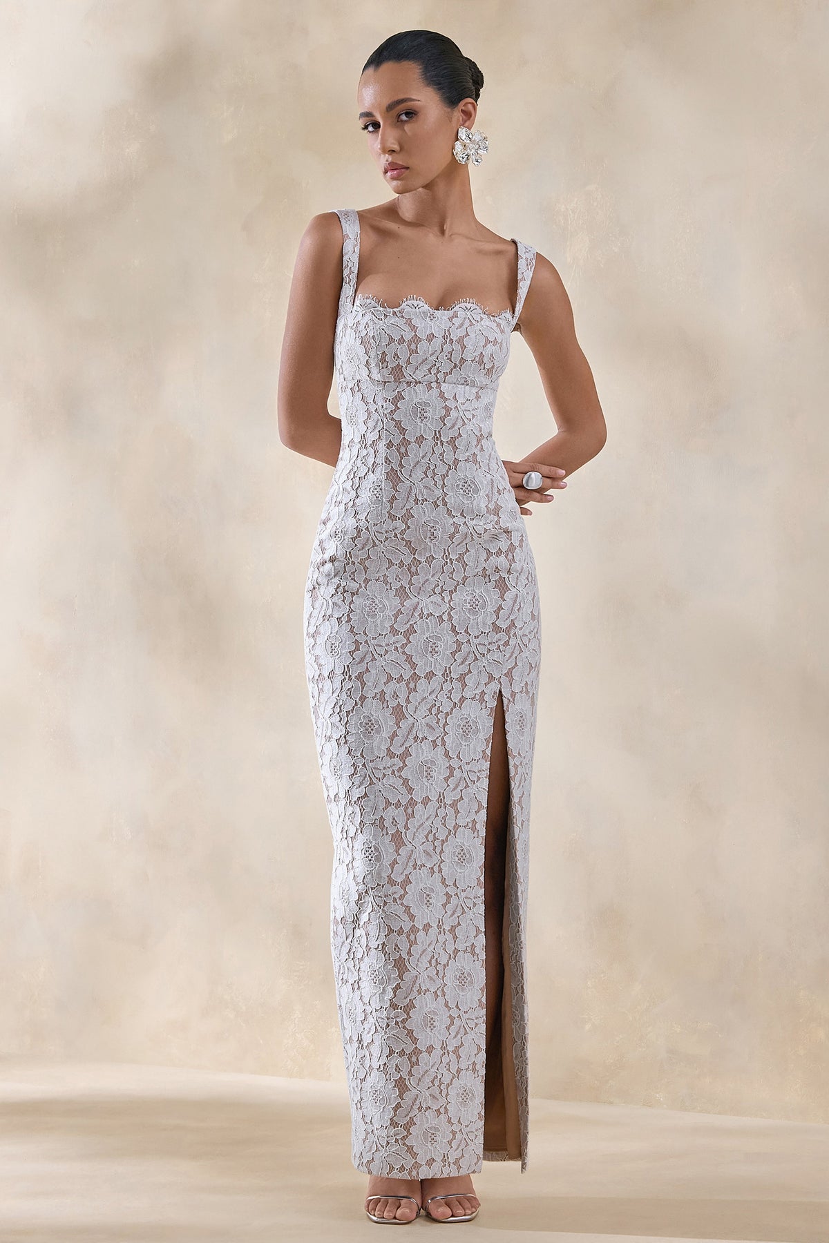 Zarisse | White Lace Square-Neck Maxi Dress