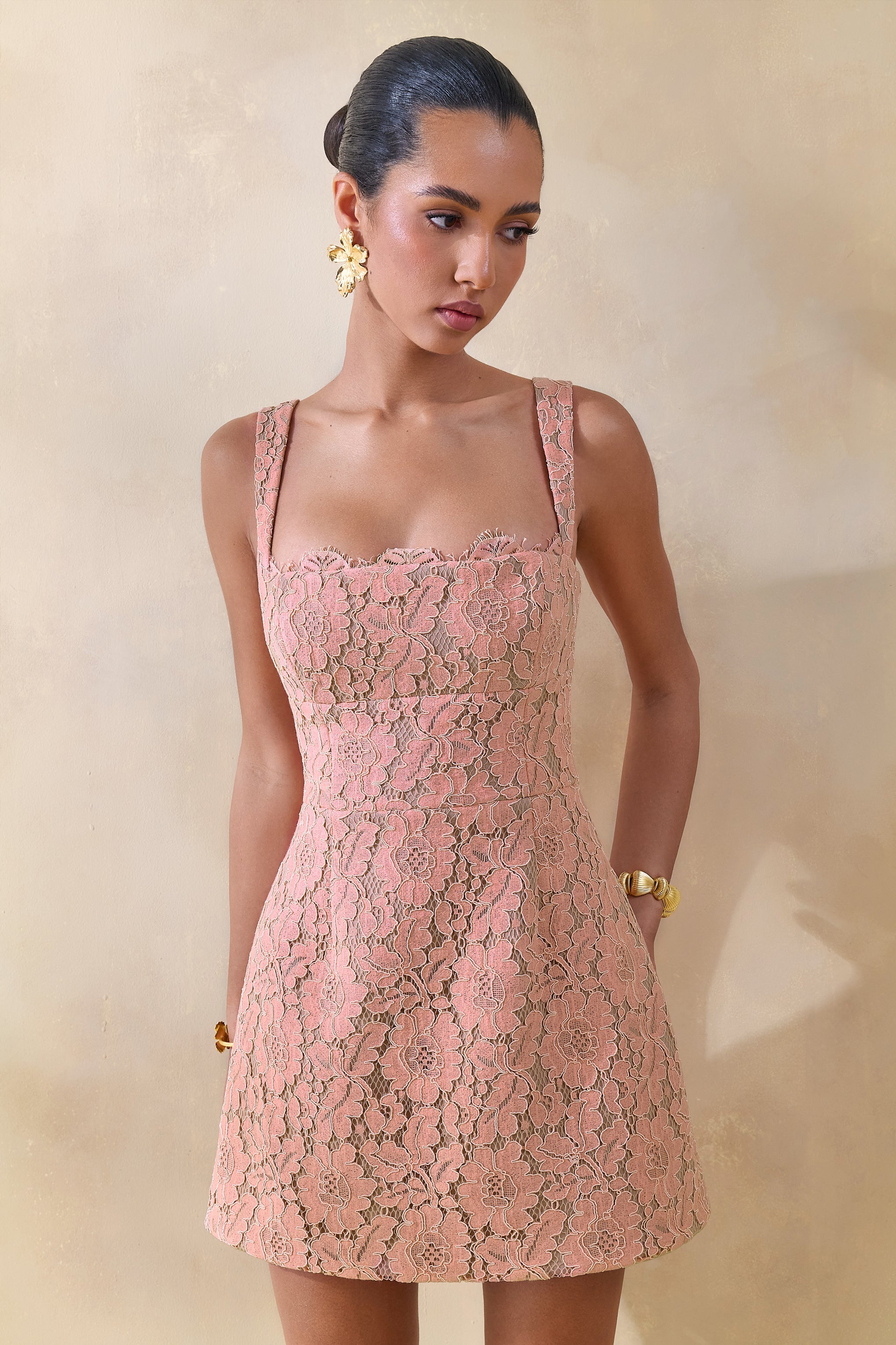Orelisse | Coral Lace Square-Neck Mini Dress