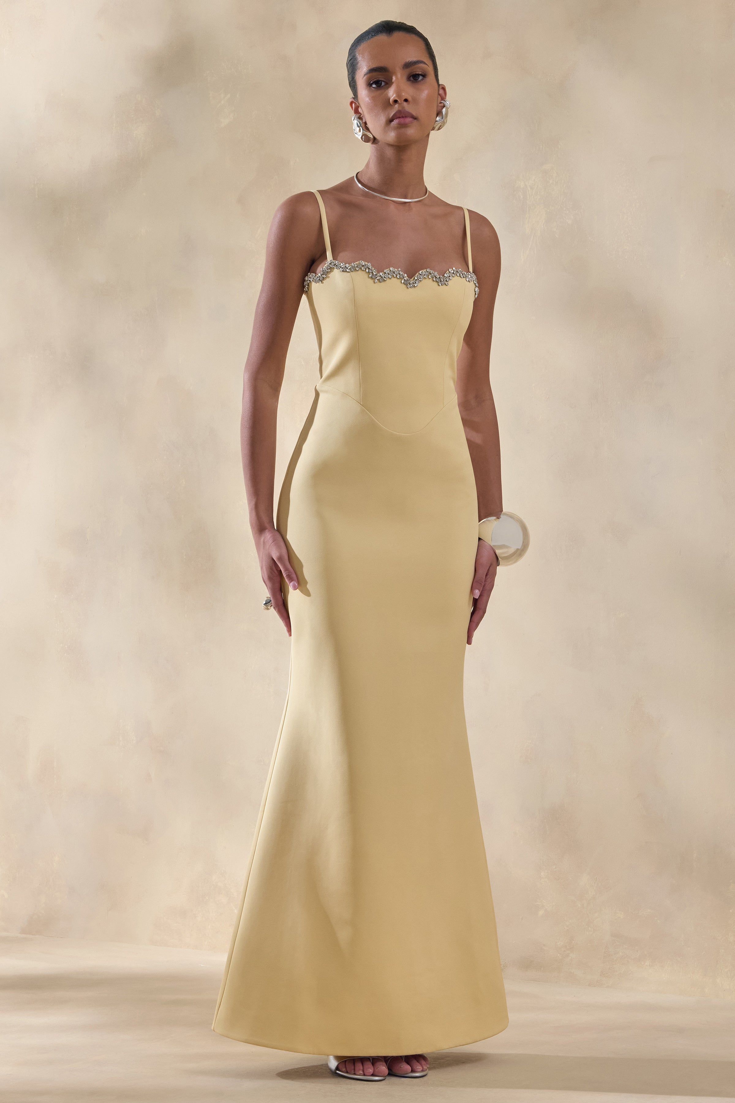 Story | Lemon Scalloped Sweetheart-Neck Maxi Dress With Embellished-Detailing