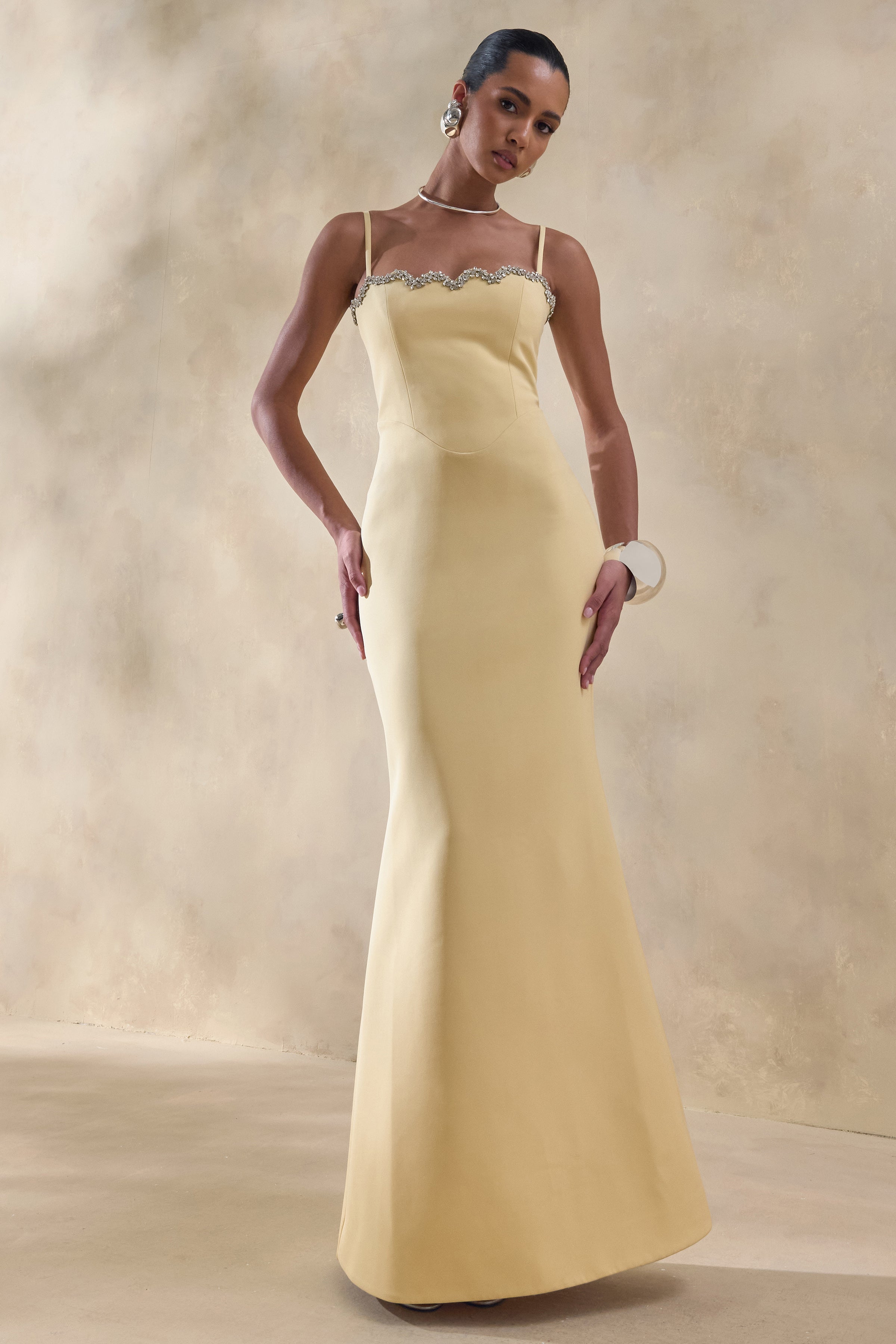 Story | Lemon Scalloped Sweetheart-Neck Maxi Dress With Embellished-Detailing