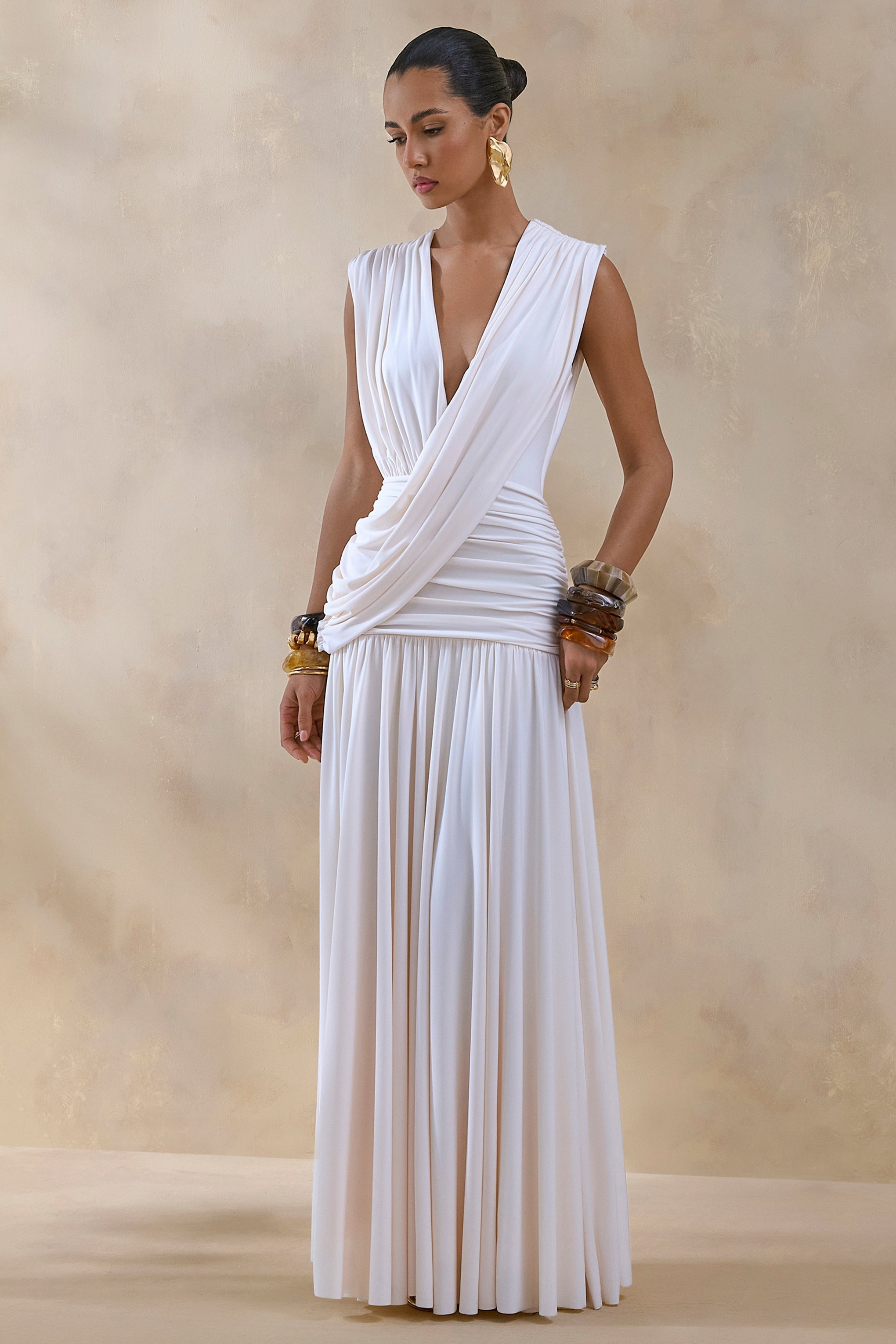 Glorina | Cream Plunge-Neck Maxi Dress With Draped-Detailing