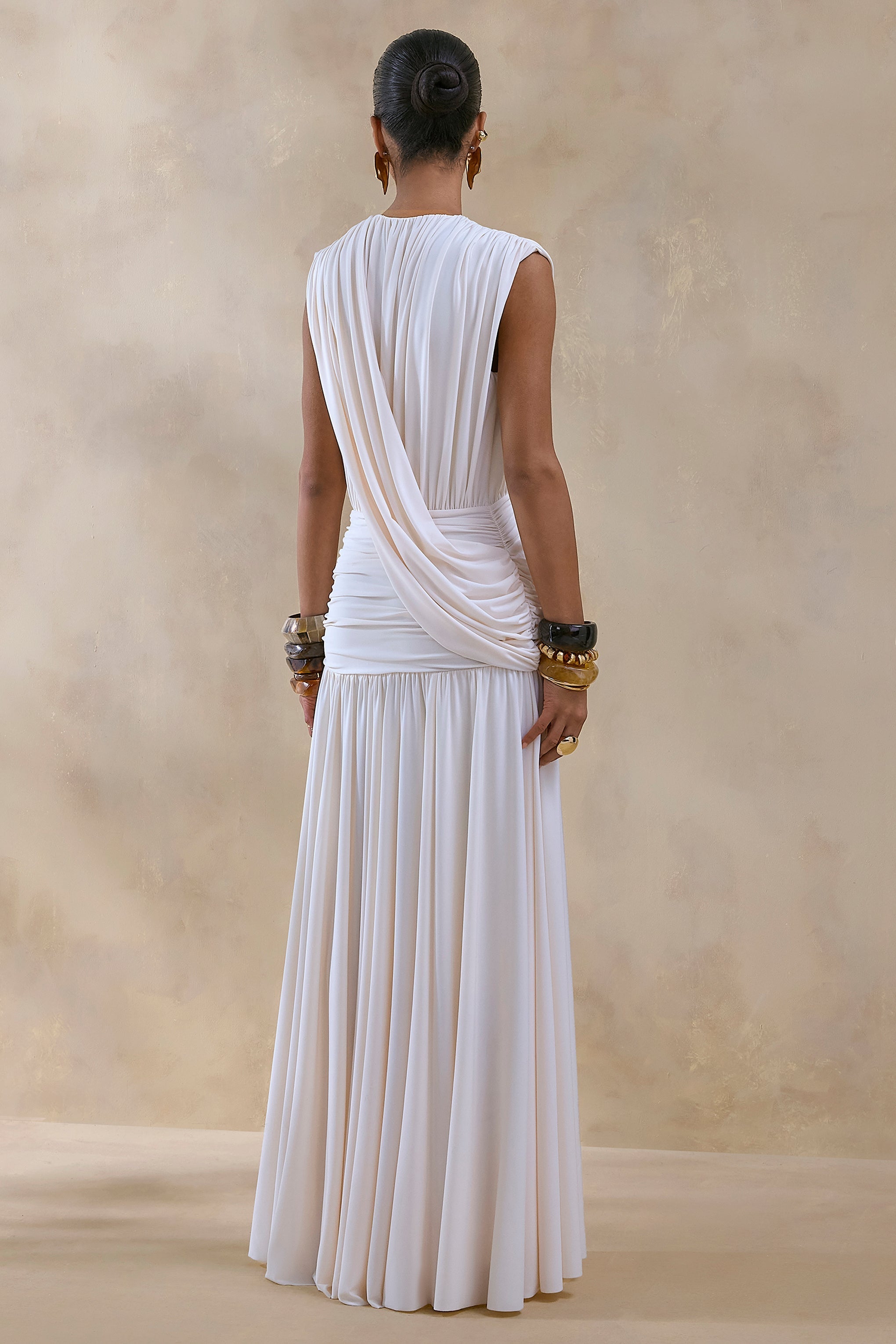 Glorina | Cream Plunge-Neck Maxi Dress With Draped-Detailing