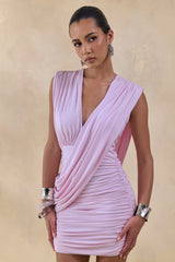 Amy | Pink Plunge-Neck Mini Dress With Draped-Detailing