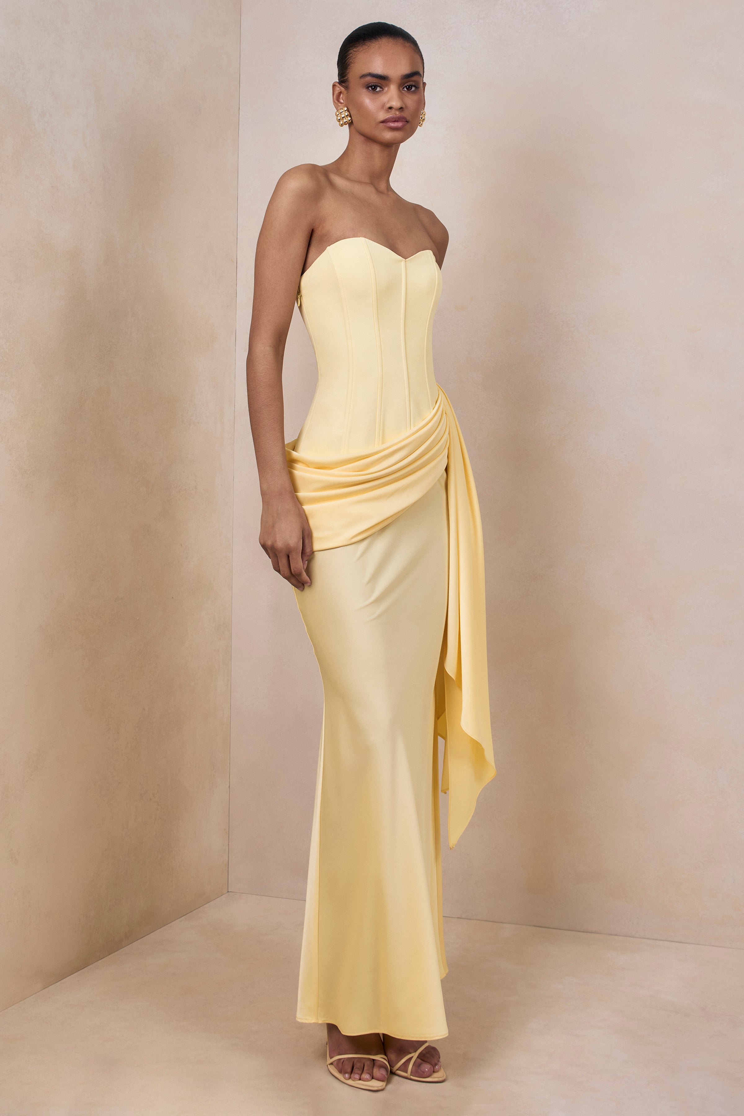 Oakley | Lemon Satin Bandeau Maxi Dress With Draped Skirt