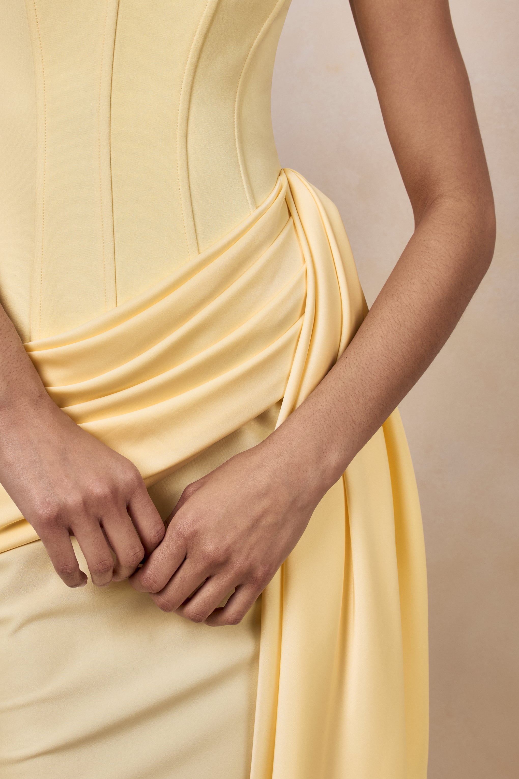 Oakley | Lemon Satin Bandeau Maxi Dress With Draped Skirt