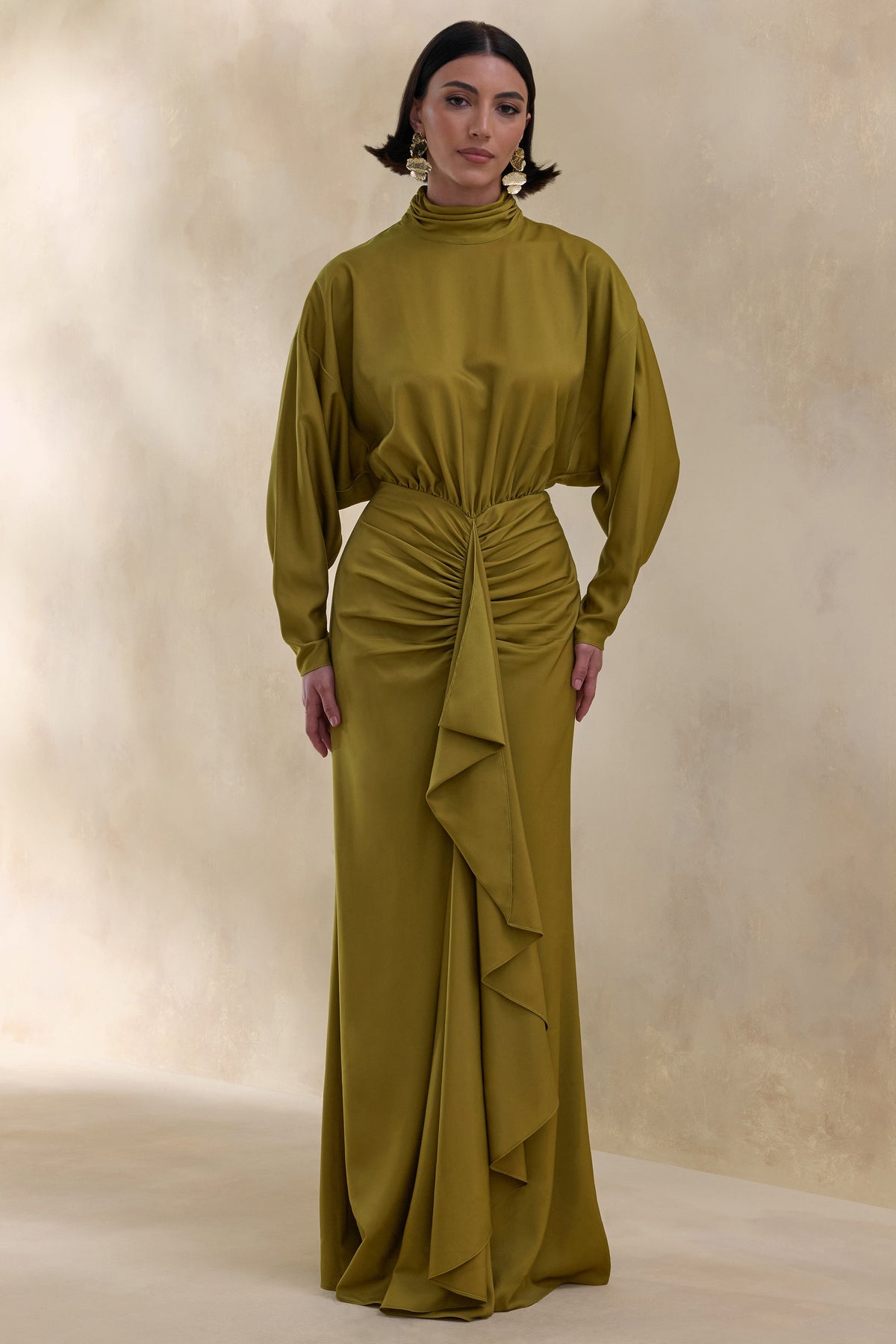 Perla | Olive High-Neck Maxi Dress With Gathered-Detailing