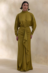 Perla | Olive High-Neck Maxi Dress With Gathered-Detailing