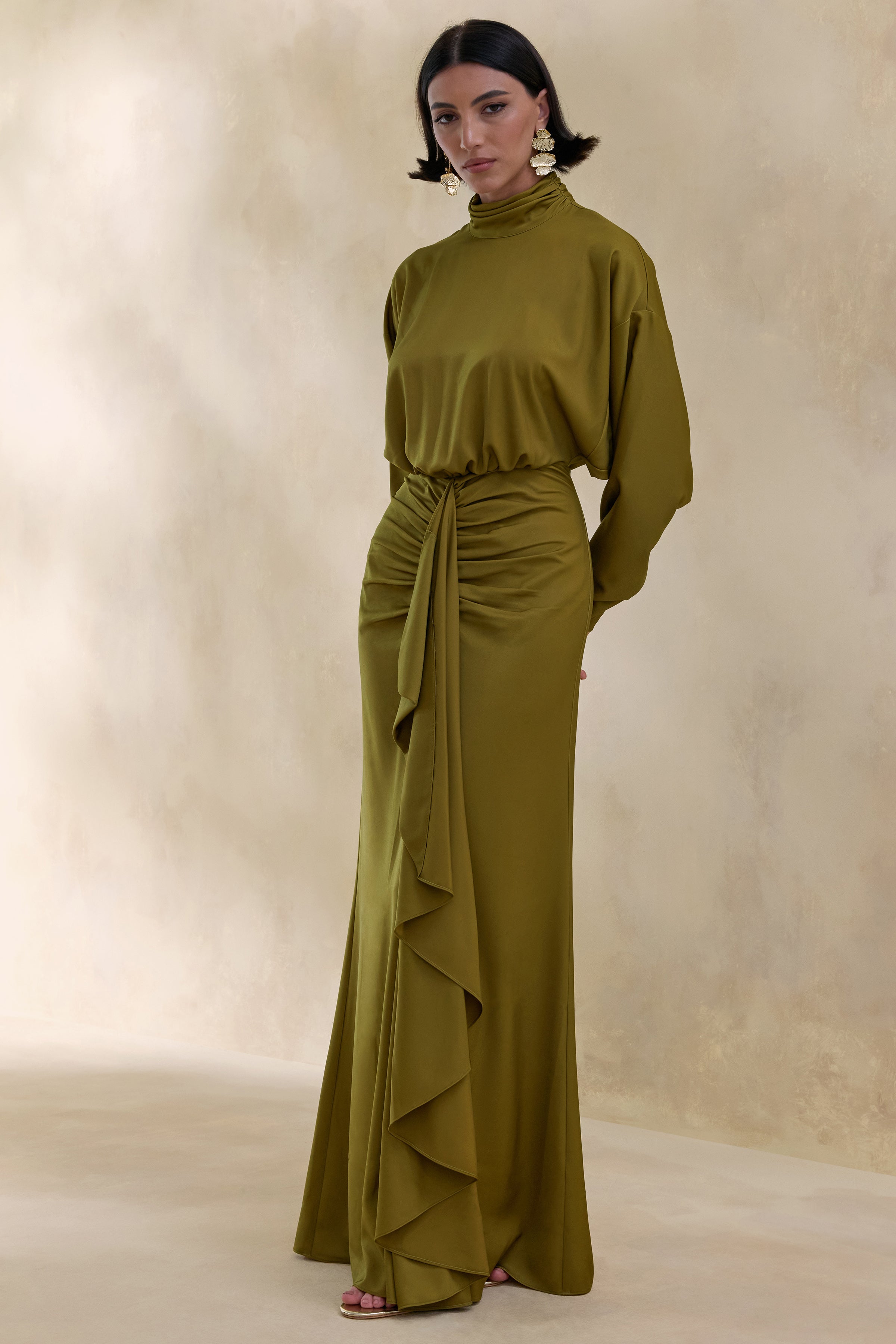 Perla | Olive High-Neck Maxi Dress With Gathered-Detailing