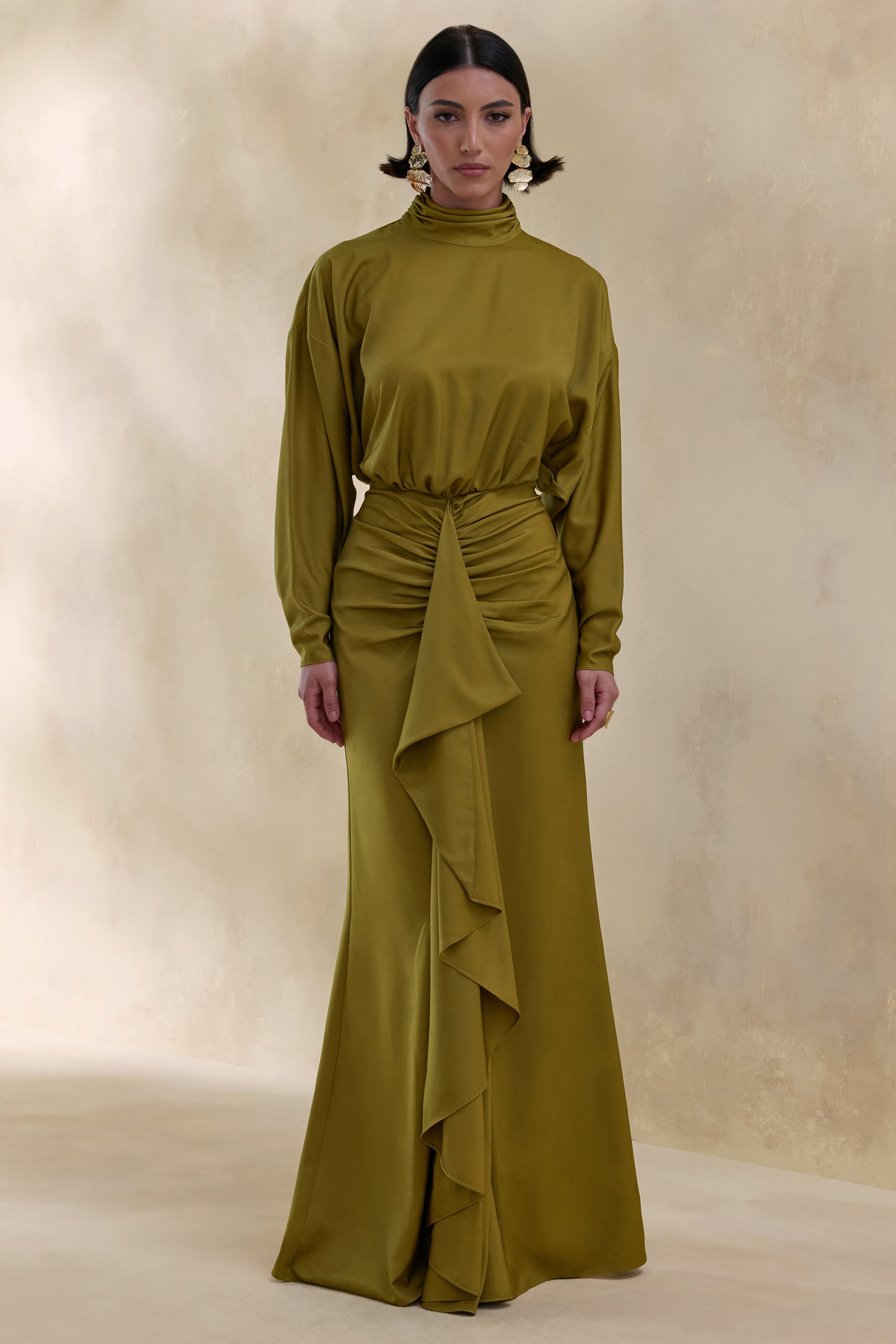 Perla | Olive High-Neck Maxi Dress With Gathered-Detailing