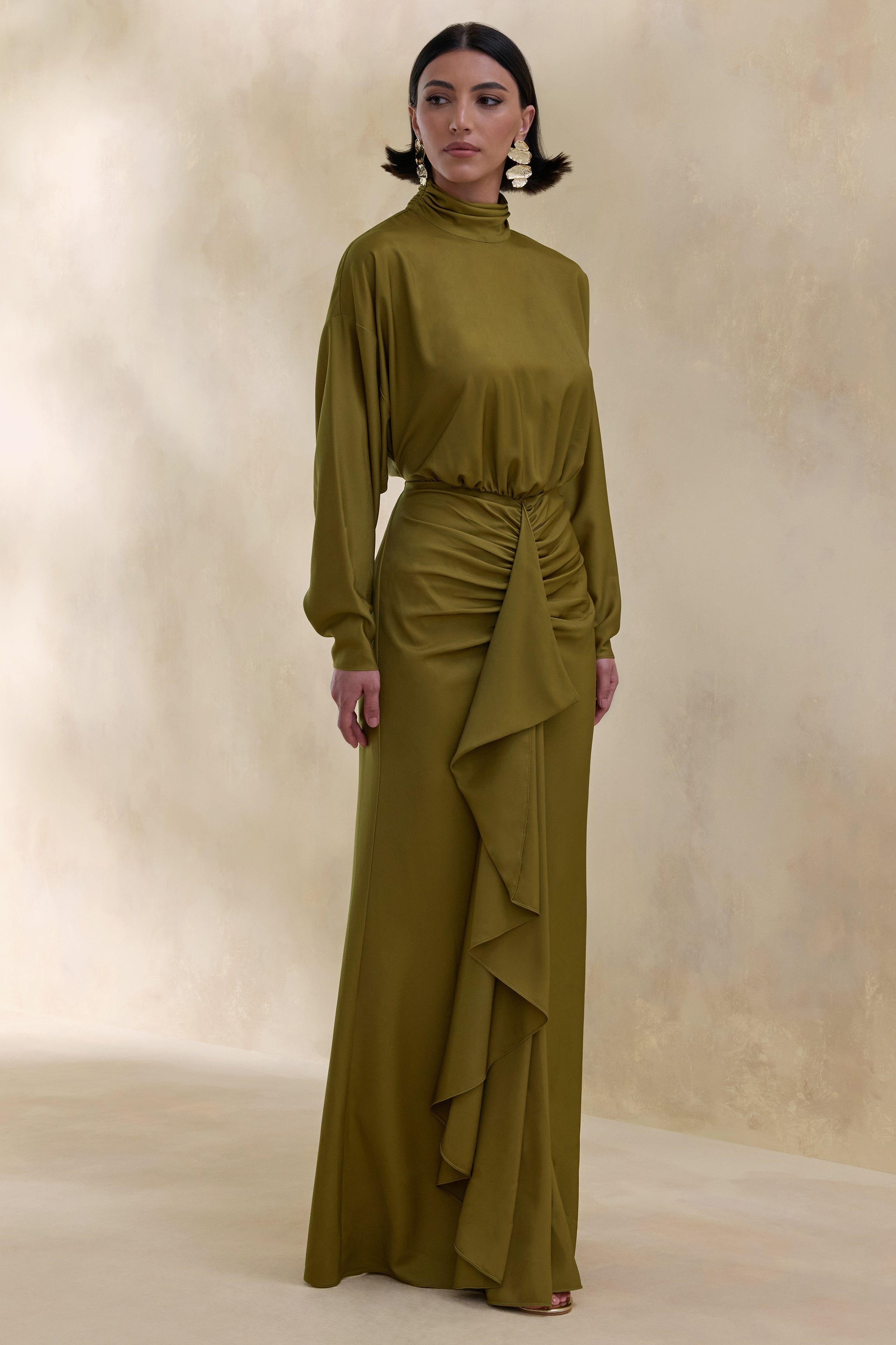 Perla | Olive High-Neck Maxi Dress With Gathered-Detailing