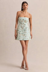 Brianna | Blue Floral Embellished Square-Neck Mini Dress