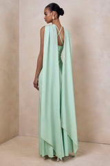 Sloane | Mint Satin Halter-Neck Maxi Dress With Cape