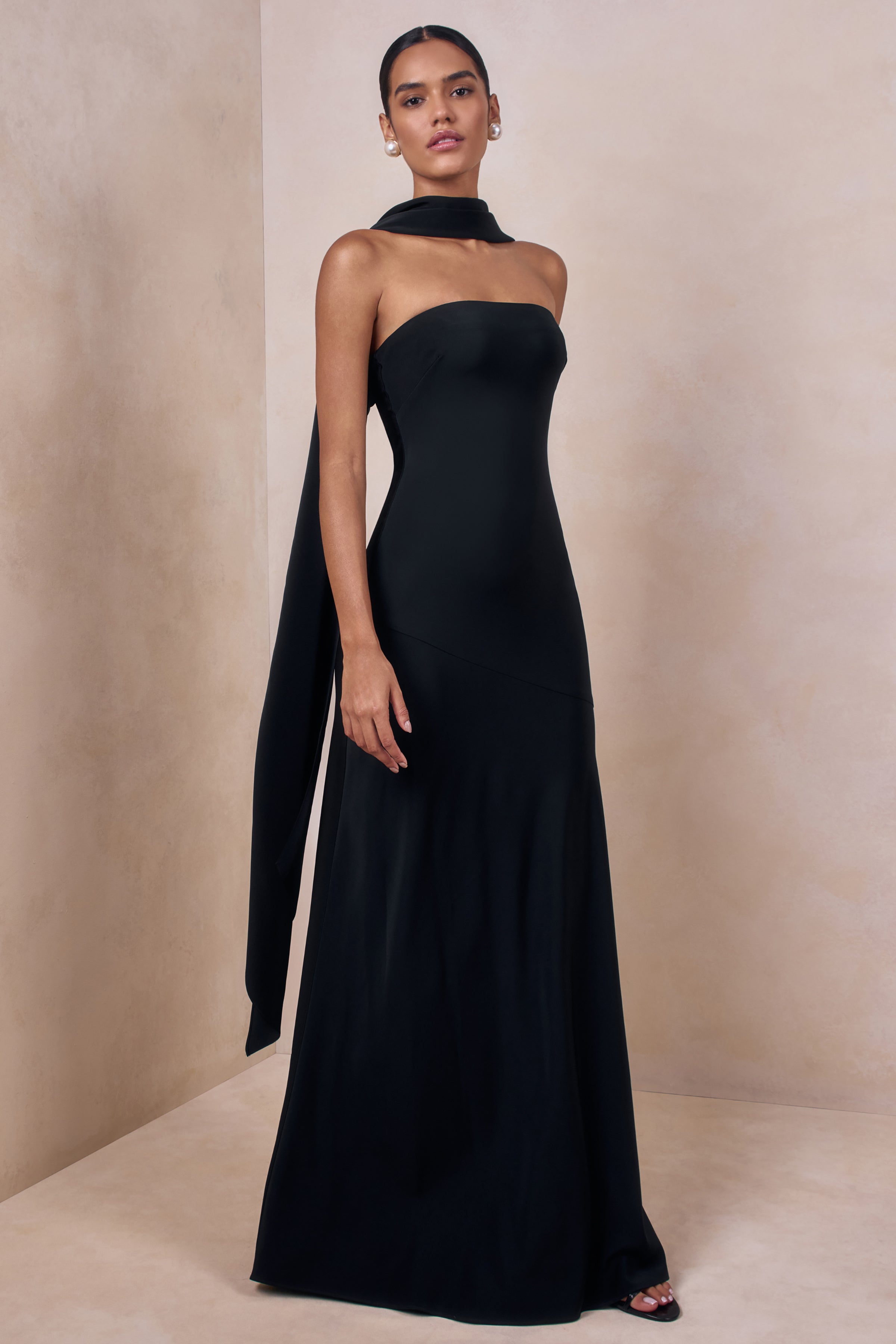 Charly | Black Satin Bandeau Maxi Dress With Scarf-Detail