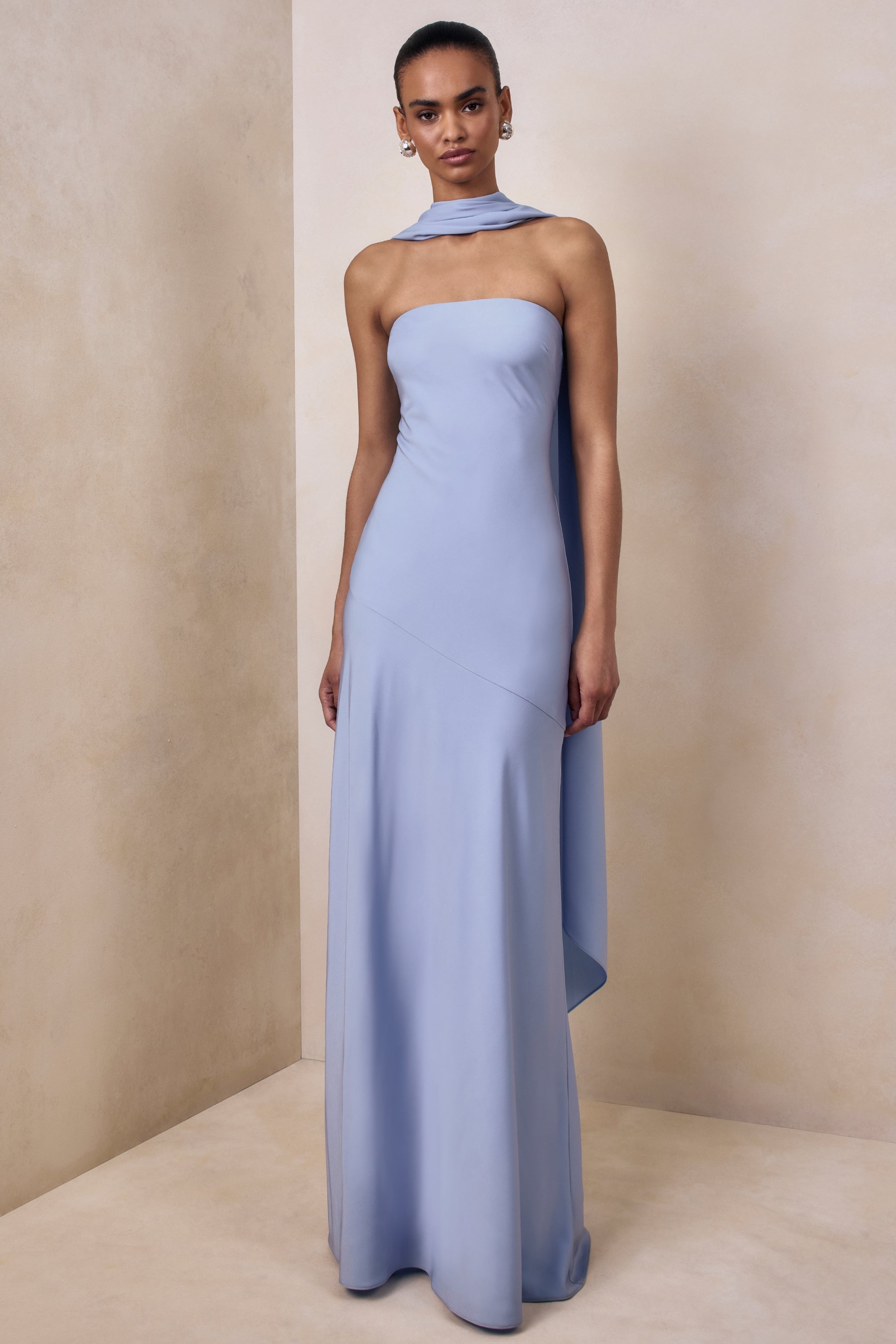 Charly | Powder Blue Satin Bandeau Maxi Dress With Scarf-Detail