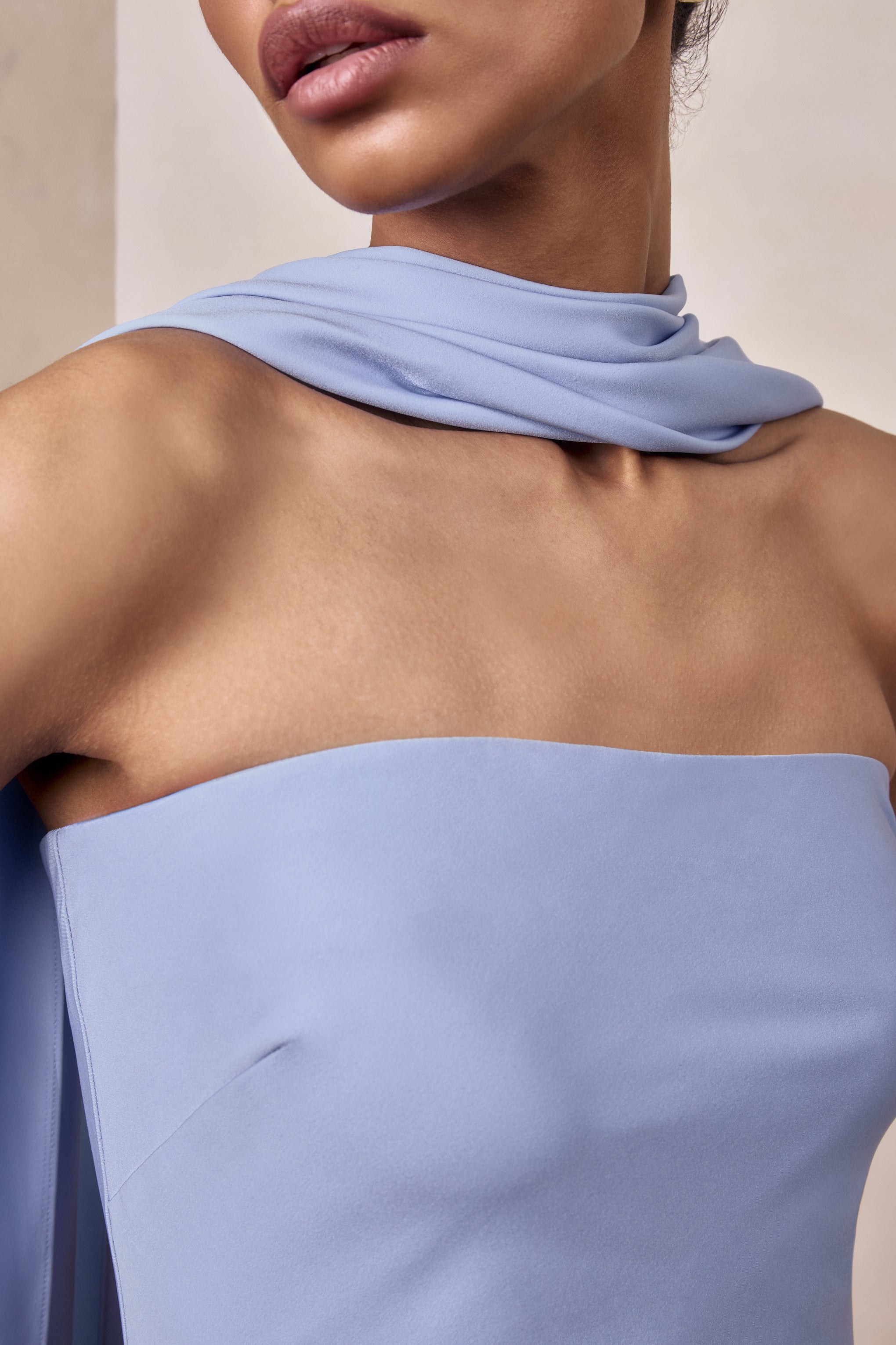 Charly | Powder Blue Satin Bandeau Maxi Dress With Scarf-Detail