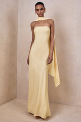 Charly | Lemon Satin Bandeau Maxi Dress With Scarf-Detail