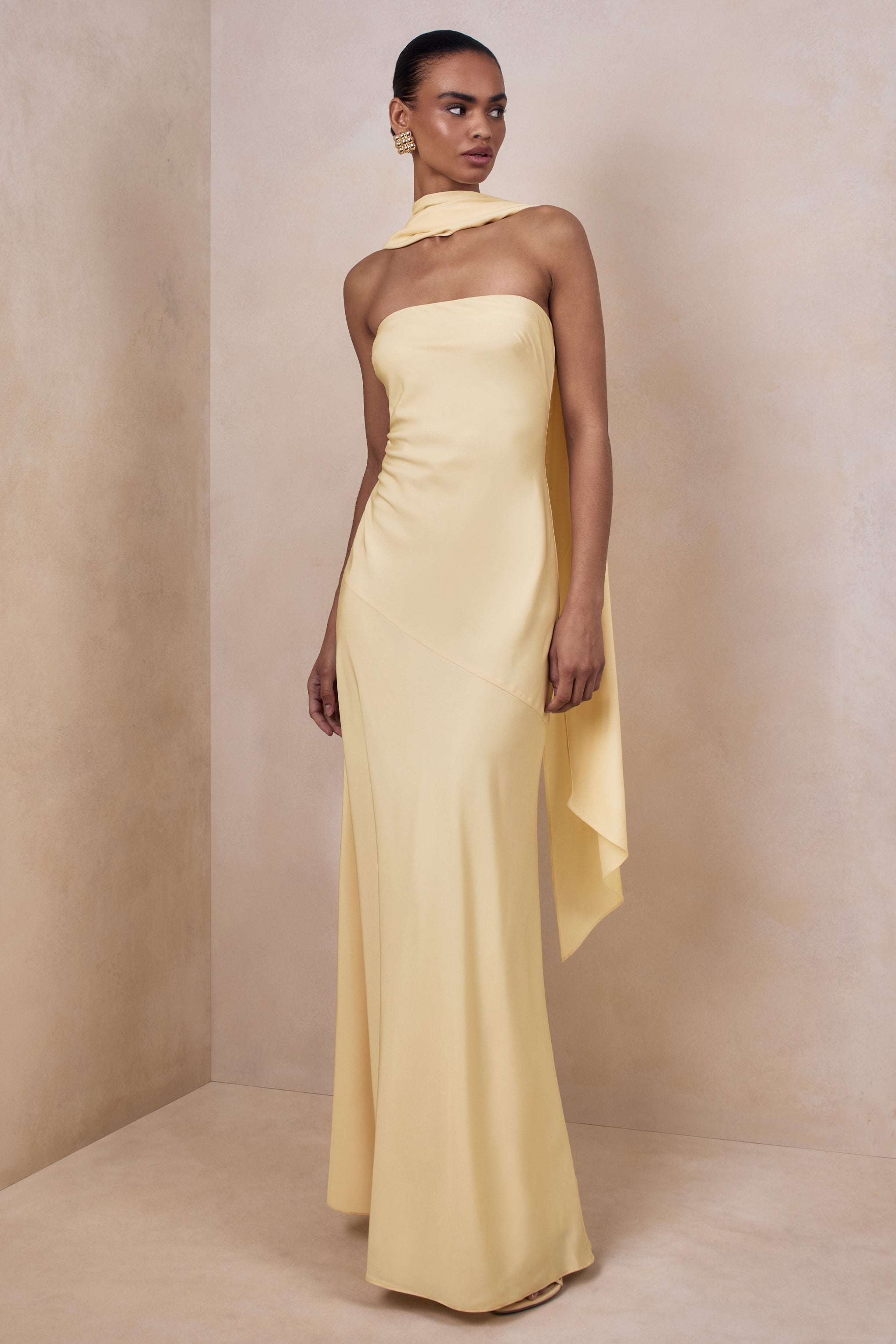 Charly | Lemon Satin Bandeau Maxi Dress With Scarf-Detail