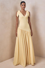 Cala | Lemon Satin Plunge-Neck Maxi Dress With Bow-Sleeves