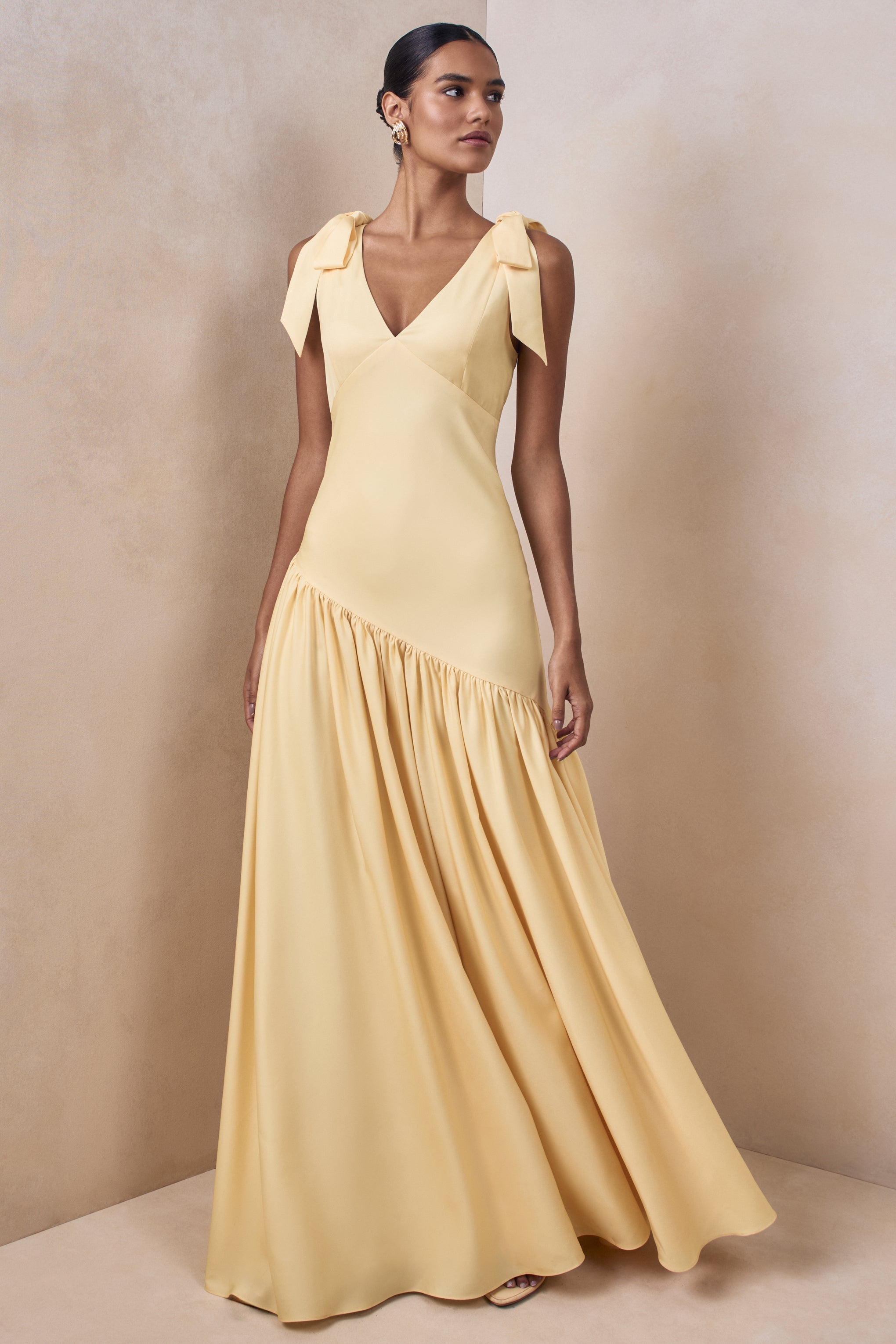 Cala | Lemon Satin Plunge-Neck Maxi Dress With Bow-Sleeves